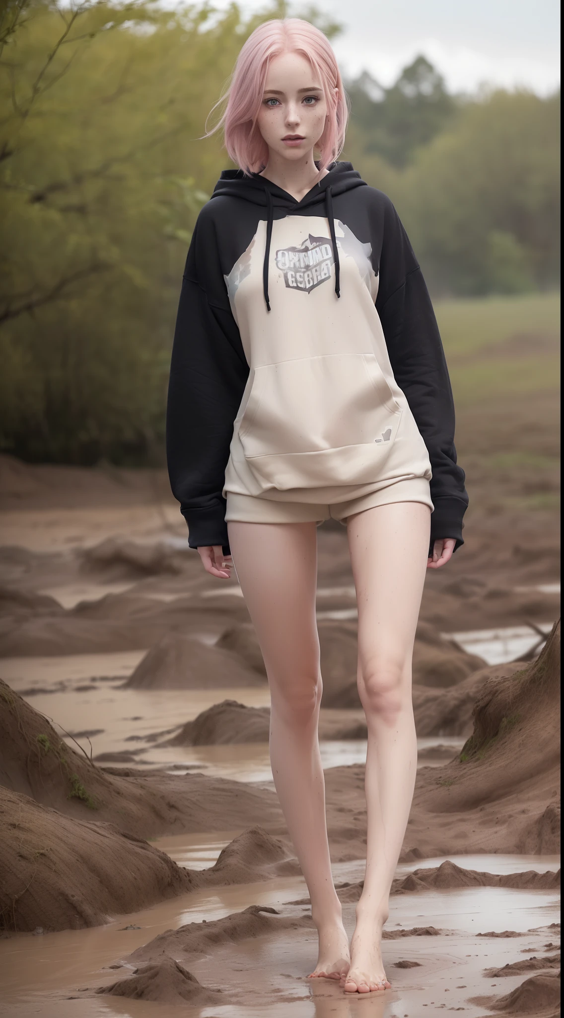(full body portrait:1.3),dynamic pose,(muddy:1.3,musty:1.3,dirty feet:1.3),1girl,pale skin,pink hair,delicate face,heterochromia eyes,freckles,(sleeveless black baggy hoodie:1.3),(thigh gap:1.3,thighs:1.3,one hip up:1.3,barefoot:1.3),(best quality:1.2,ultra-detailed,realistic:1.37),soft colors,polished lighting
