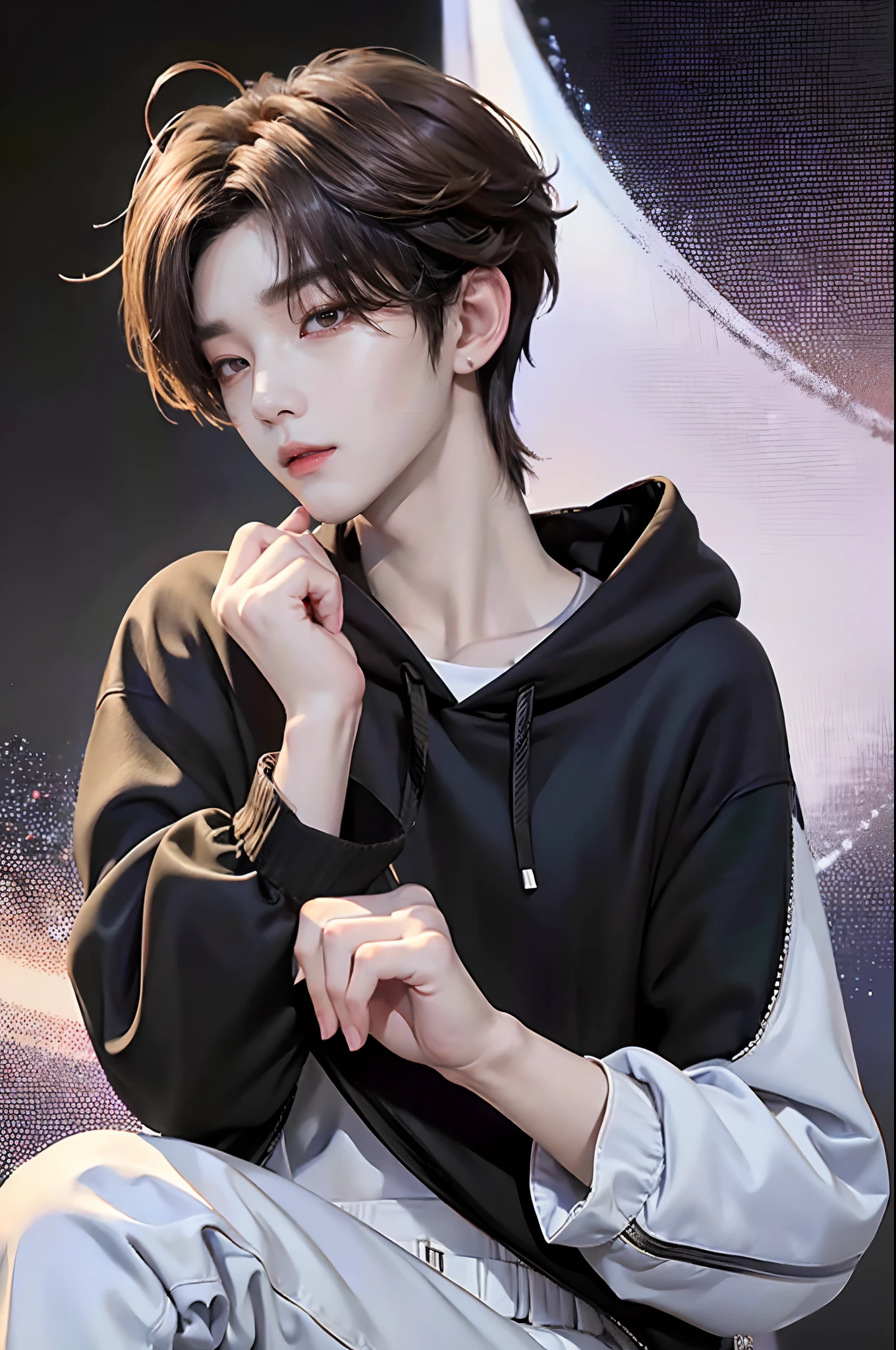 ((4K works))、masterpiece、(top-quality)、((high-level image quality))、Happiness、((One Manly Boy))、Slim body、((Stylish black hoodie and white pants))、(Detailed beautiful eyes)、In a stylish dance lesson room、Face similar to Chaewon in Ruseraphim、((short hair above the ears))、((Smaller face))、((Neutral face))、((Light brown eyes))、((Korean boy))、((18year old))、((Handsome man))、((Gentle look))、((Korean Makeup))、((elongated and sharp eyes))、((Zoom up to face))、((Face enhancement))、((Focus zoom in))、((During the dance))、((Photos of only one person))