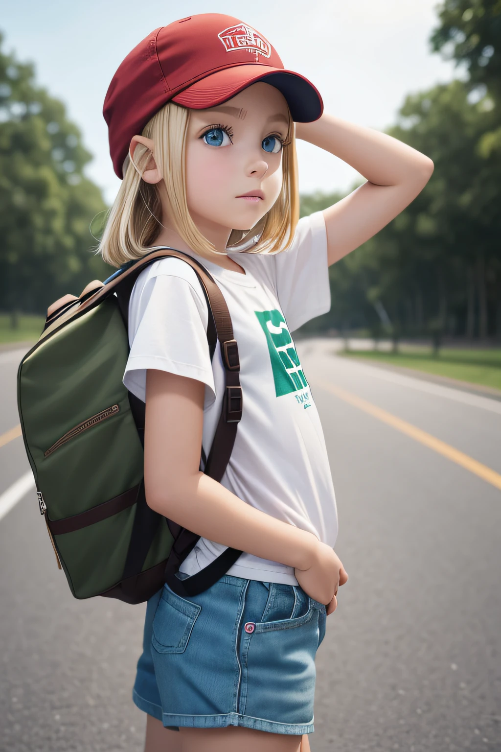 Create an image of a very beautiful girl named Bia, 8 , front view, white skin, blue eyes, blonde hair, wearing a brown cap, [red All Star sneakers], dark green shorts, plain white t-shirt, with a brown backpack on her back, hyper realistc, resolution 4K.