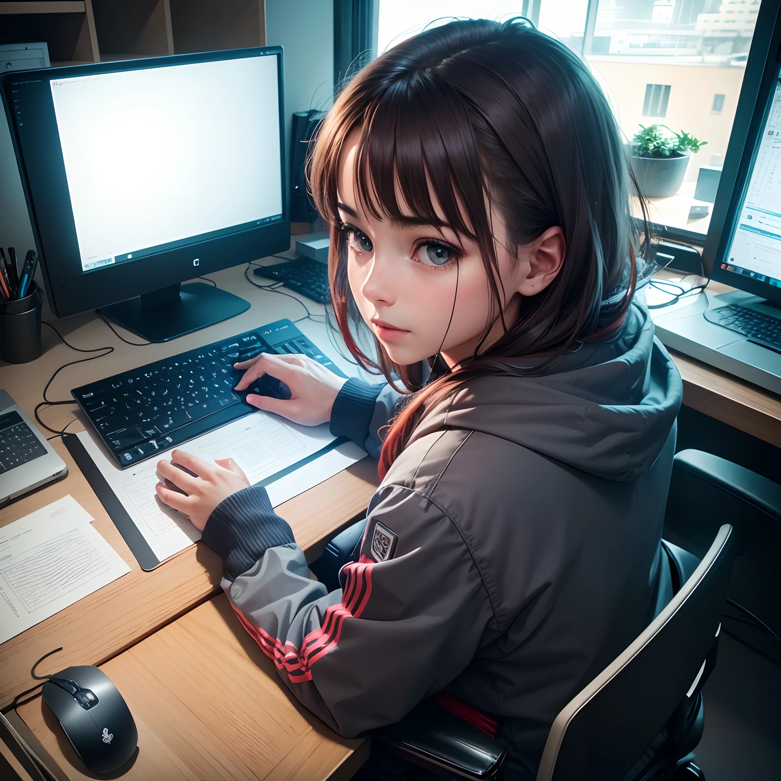 (best quality,4k,highres),(realistic:1.37),ultra-detailed,(portraits),(bright colors,cool colors),(soft lighting,even lighting),(glass screen),(keyboard, mouse, desktop),modern design,workspace,productive environment,reflection of the screen,clear text,sharp icons,hint of background scenery,ergonomic setup,comfortable chair,professional setup,wires neatly organized,premium materials