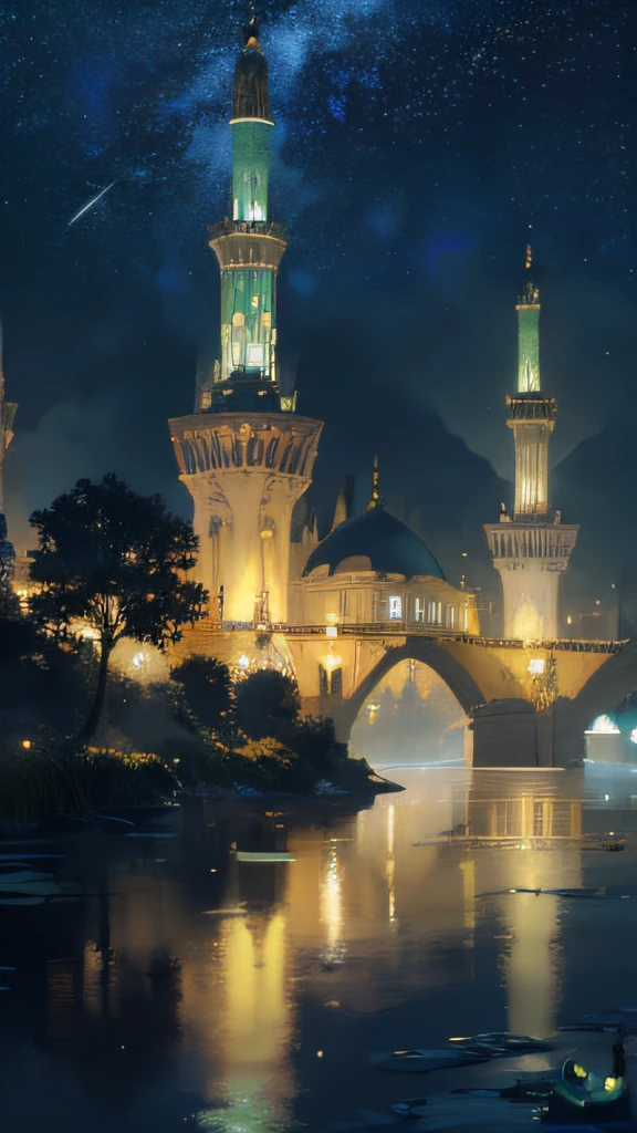 mosque in the background, muslim alone, hijab, As nightfall descends, the sky transforms into a vast canvas of celestial wonders. Countless stars twinkle with ethereal brilliance, casting their gentle light upon the landscape below. The moon, full and radiant, bathes the scene in a soft, luminescent glow, illuminating every intricate detail with a touch of magic.
At the heart of the composition stands a majestic mechanical frog, a true marvel of craftsmanship and imagination. Its metallic exterior, adorned with ornate engravings and delicate filigree, reflects the moonlight in a shimmering dance. Gears and cogs of all sizes intricately interlock, bringing the frog to life with a symphony of mechanical movements.
Perched atop the frog's broad back is a captivating sight—a bustling city, meticulously crafted in miniature form. Towering skyscrapers adorned with vibrant neon lights soar towards the heavens, casting a kaleidoscope of colors onto the night sky. The cityscape comes alive with bustling streets, where tiny figures go about their daily lives amidst the vibrant energy of a cyberpunk dreamscape.
As the mechanical frog traverses the landscape, its movements create a gentle rumble, echoing through the air and adding a touch of whimsy to the scene. It gracefully hops from one patch of lush grass to another, its progress leaving behind a trail of luminescent stardust that dances in the night.
Surrounding the mechanical frog and its miniature city, an enchanting natural world unfolds. Tranquil ponds reflect the starry heavens above, their surfaces shimmering like liquid diamonds. Water lilies grace the calm waters, their delicate petals glowing softly in the moonlight. Nearby, a serene forest stands proud, with towering trees adorned in bioluminescent moss that casts an otherworldly glow upon the surroundings.