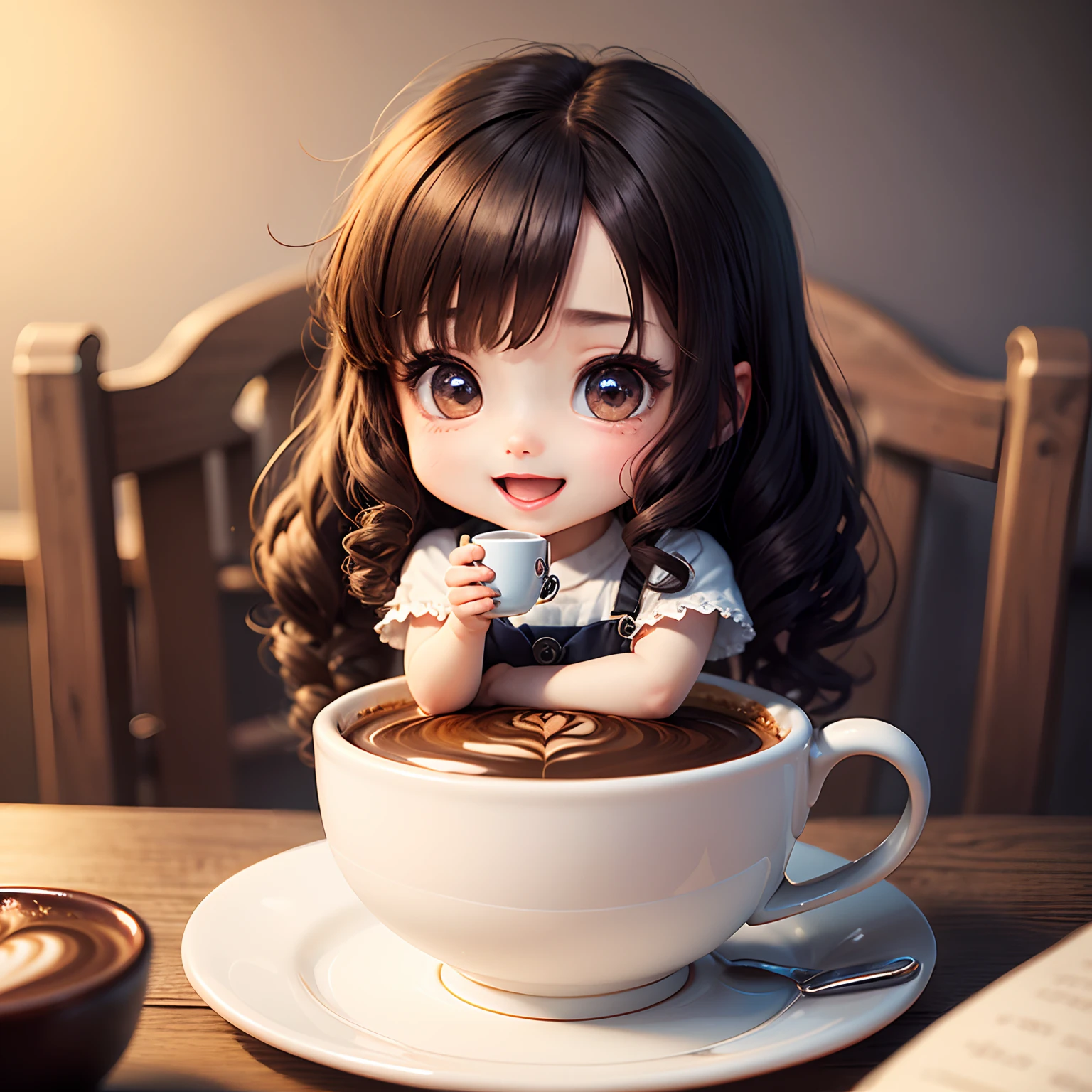 ​masterpiece、top-quality、ultra-detailliert、(Chibi's daughter:1.2)、(Chibi Chara:1.1)、wraith、Curly hair、Open your mouth and smile、Chibi Cafe、1 cup of coffee、Dimly lit interior