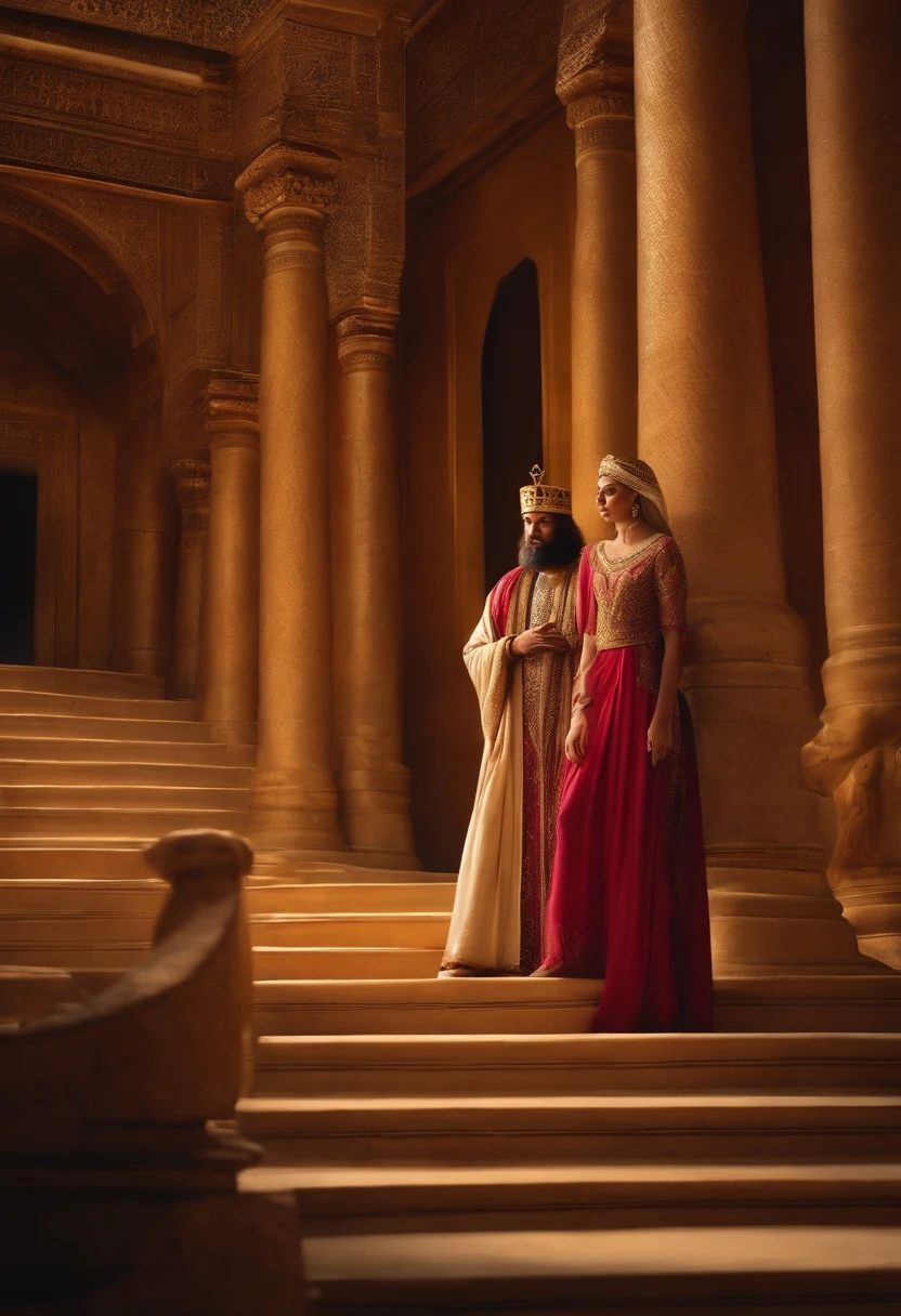 Describe a picture of King Solomon and his queen in the palace: