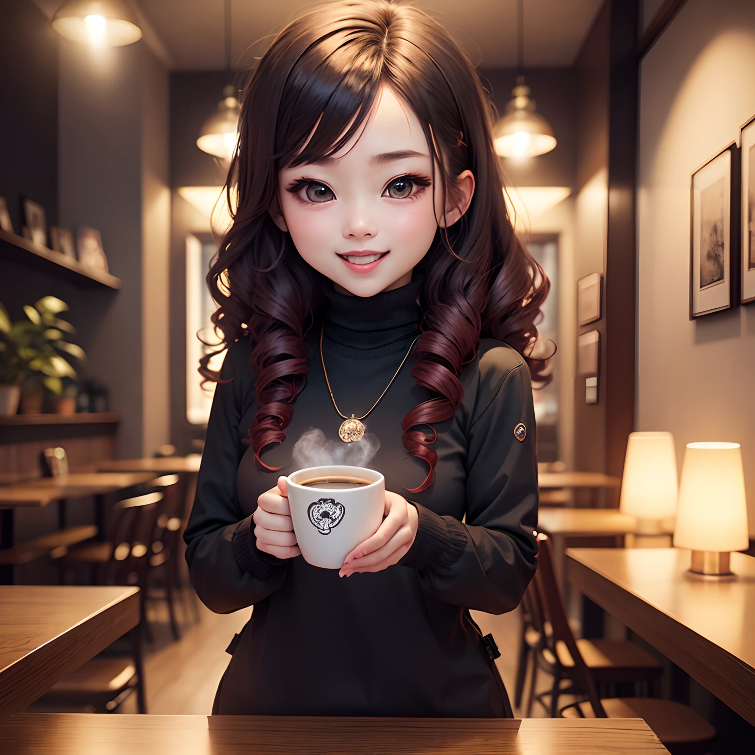 masterpiece、top-quality、ultra-detailliert、(Chibi's daughter:1.2)、(Chibi Chara:1.1)、wraith、Curly hair、Open your mouth and smile、Chibi Cafe、Holding a cup of coffee in your hand、Dimly lit interior