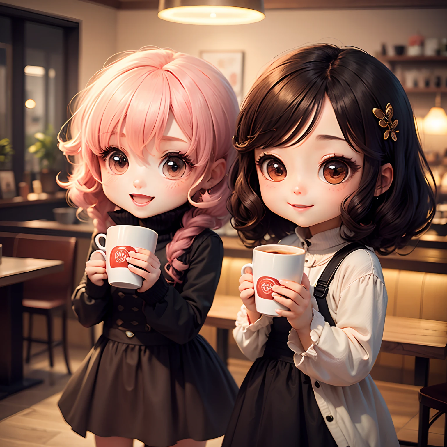 ​masterpiece、top-quality、ultra-detailliert、(Chibi's daughter:1.2)、(Chibi Chara:1.1)、wraith、Curly hair、Open your mouth and smile、Chibi Cafe、Holding a cup of coffee in your hand、Dimly lit interior