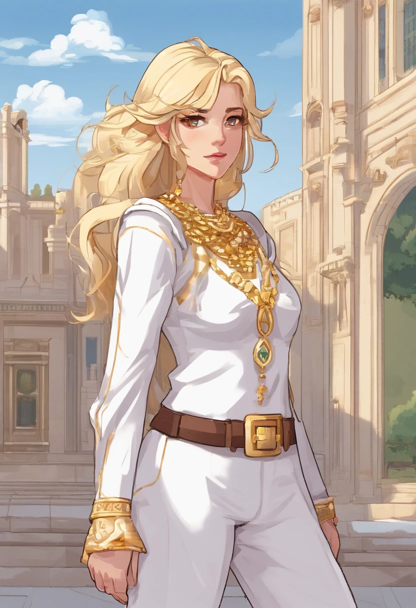 character concept art, white background, full body, semi-realistic, 1 girl, long wavy golden hair, long-sleeved white cropped top, exposed shoulders, golden necklace with star pendant, white pants, golden skirt, white sneakers , 17 years old, extremely beautiful, elegant and determined pose, sketches of the character around her