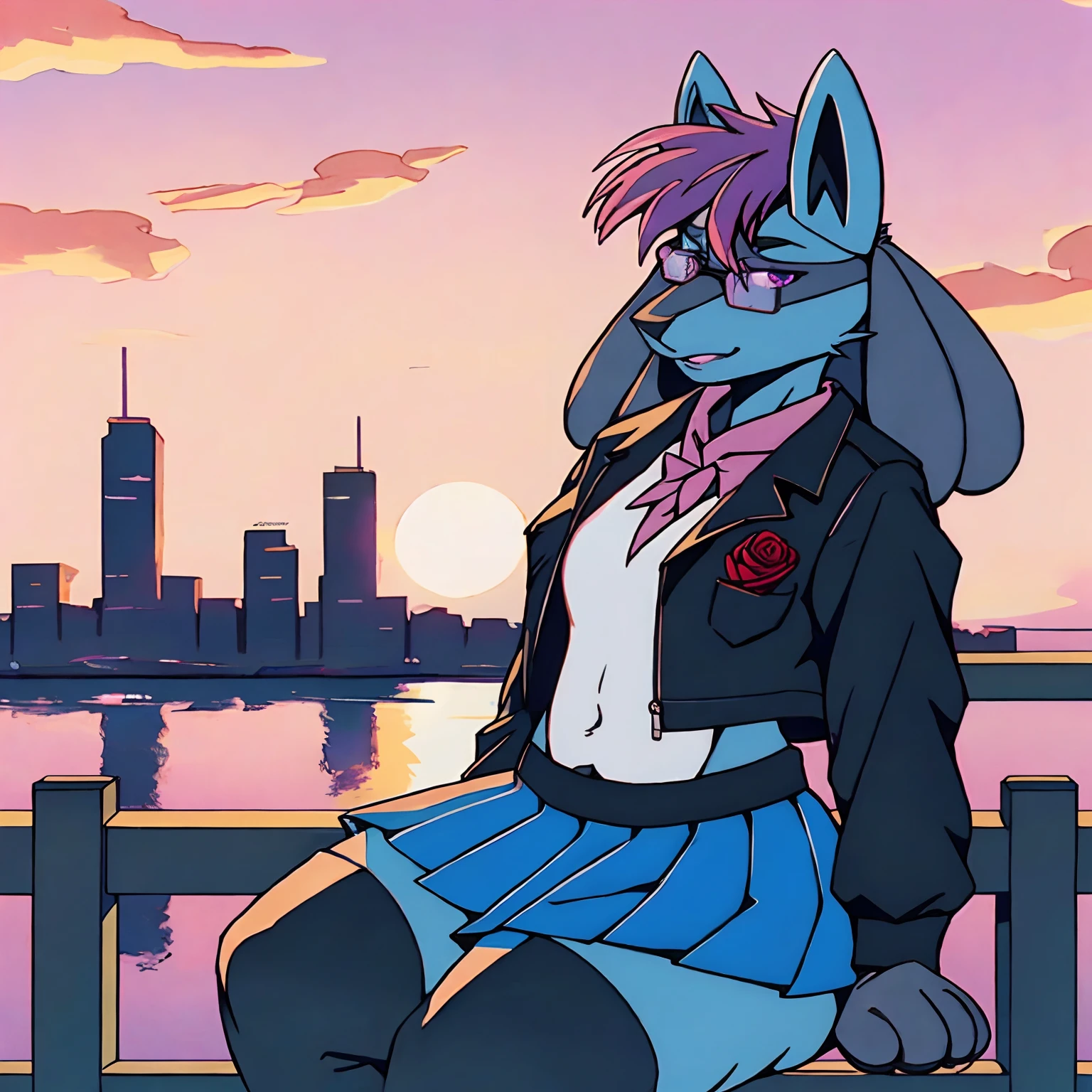 Mute pastel colors, Smooth photos, Retro soul, 1990s animation, 1980s animation, Retro soul, Retro anime style, Masterpiece, Best Quality, Lucario, furry, solo female, Lucario Pokémon, skirt, thigh high socks, crop top black jacket, Retro Lucario fanart, 1990s anime, retro animation, transgender women, sunset over city background, very detailed background, bandana, white chest spike, pink eyes, high definition eyes, very detailed eyes, chubby, small amount of pink hair on top of head with purple highlights, blue fur, cute bandana, trans flag bandana, picturesque background, 1 horizon line, thin framed rose tinted rimless glasses, thin framed gradient rose tinted glasses, perfect background, beautiful background, black jacket, black face markings, no shirt, midriff, belly button, black thigh high socks, pastel colors