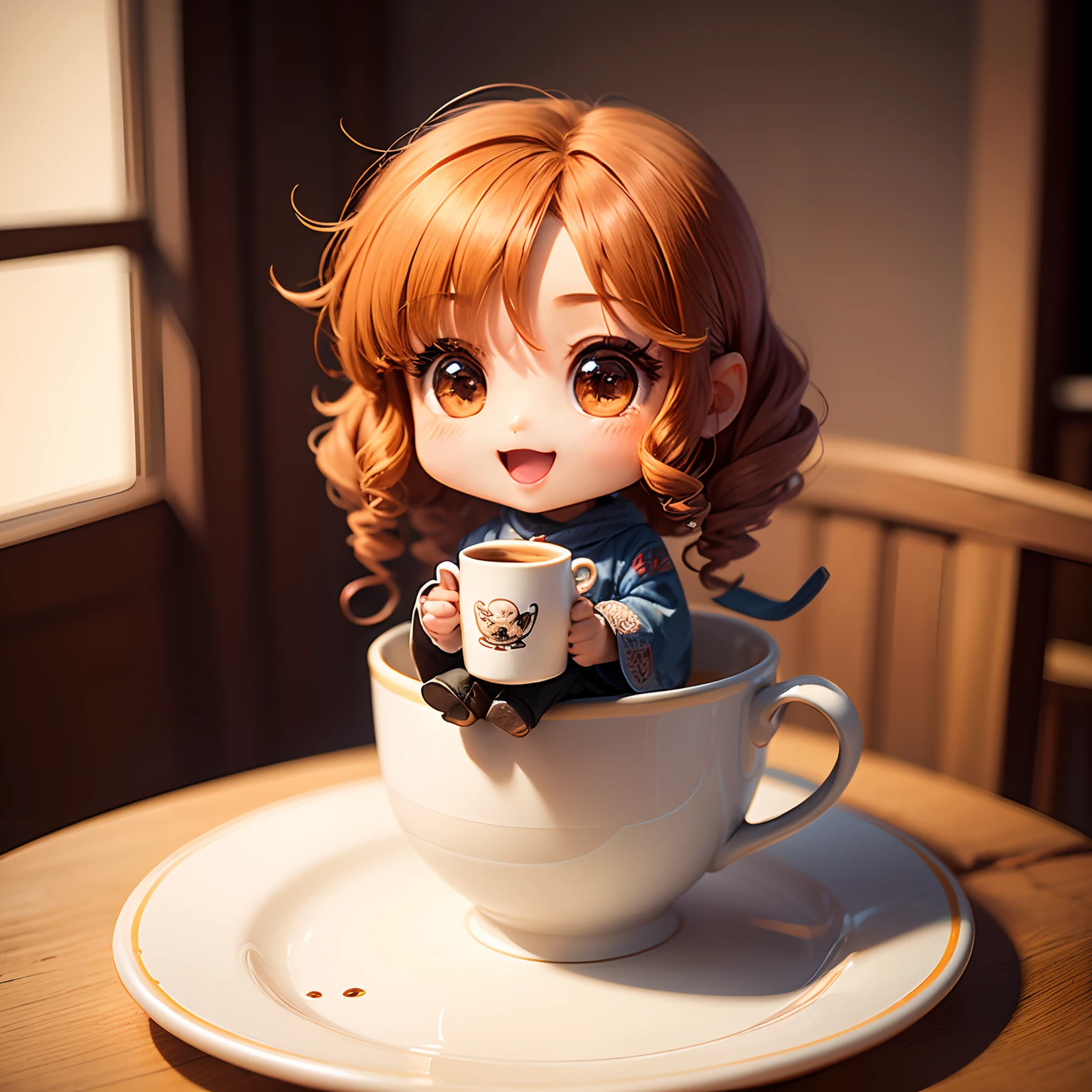 masterpiece、top-quality、ultra-detailliert、(Chibi Chara's Daughter:1.2)、wraith、Curly hair、Open your mouth and smile、Chibi Cafe、Holding a cup of coffee in your hand、Dimly lit interior