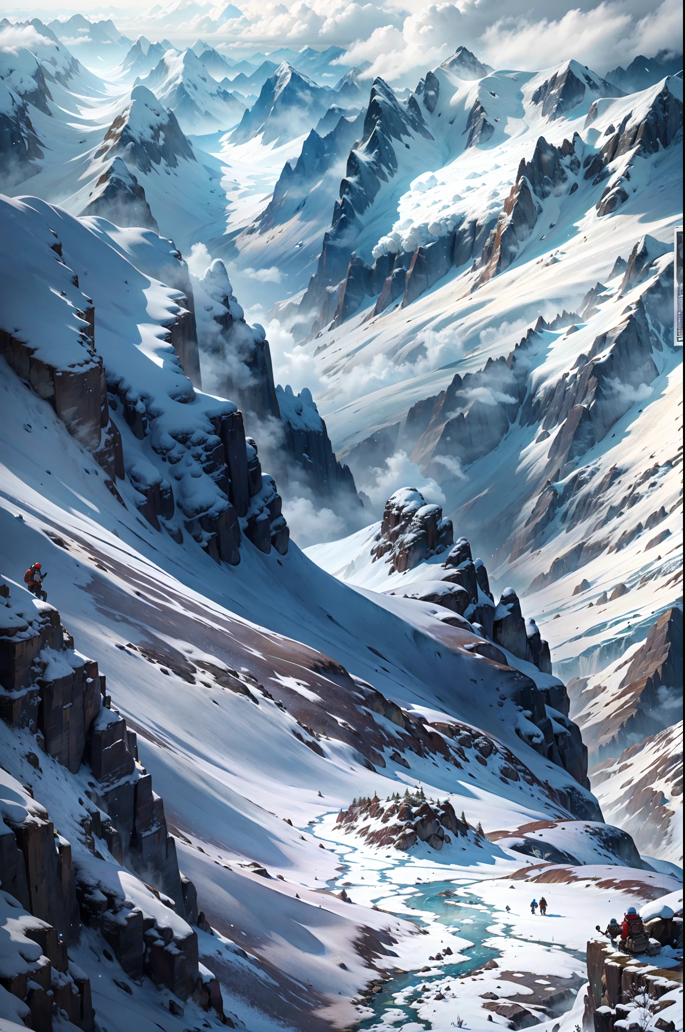 (best quality,highres,masterpiece:1.2),dangerous atmosphere, dangerous weather, dangerous snow mountain, snow-coveredmountain peak, perilous cliffs, treacherous icy slopes, snow avalanches, thundering storms, intense blizzard, ominous clouds, chilling winds, freezing temperatures, towering peaks, daring mountaineers conquering the summit, rugged terrain, majestic glaciers, breathtaking view, adrenaline rush, heart-pounding adventure, precarious footing, extreme challenge, endless expanse of white, untouched wilderness
