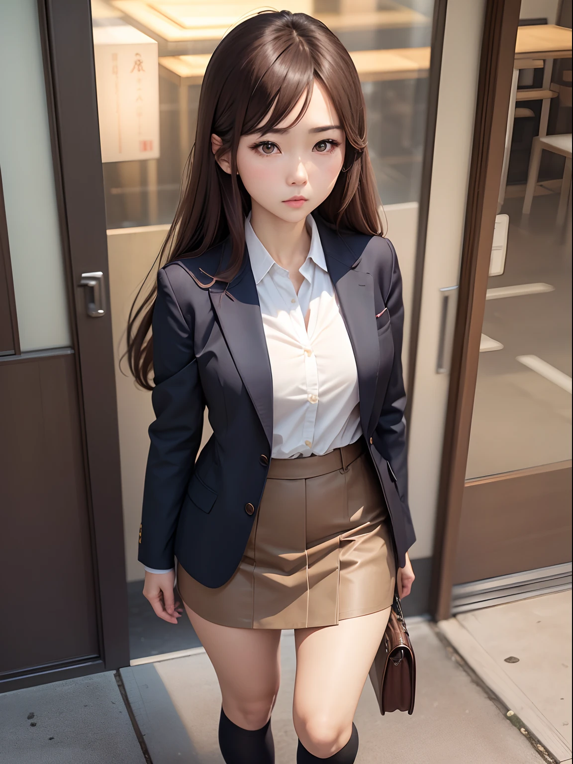 A Japanese Lady、frontage、Full body like、Eye level、Cute face、semi-long brown hair、Suit with miniskirt、Faraway view、See the whole thing。