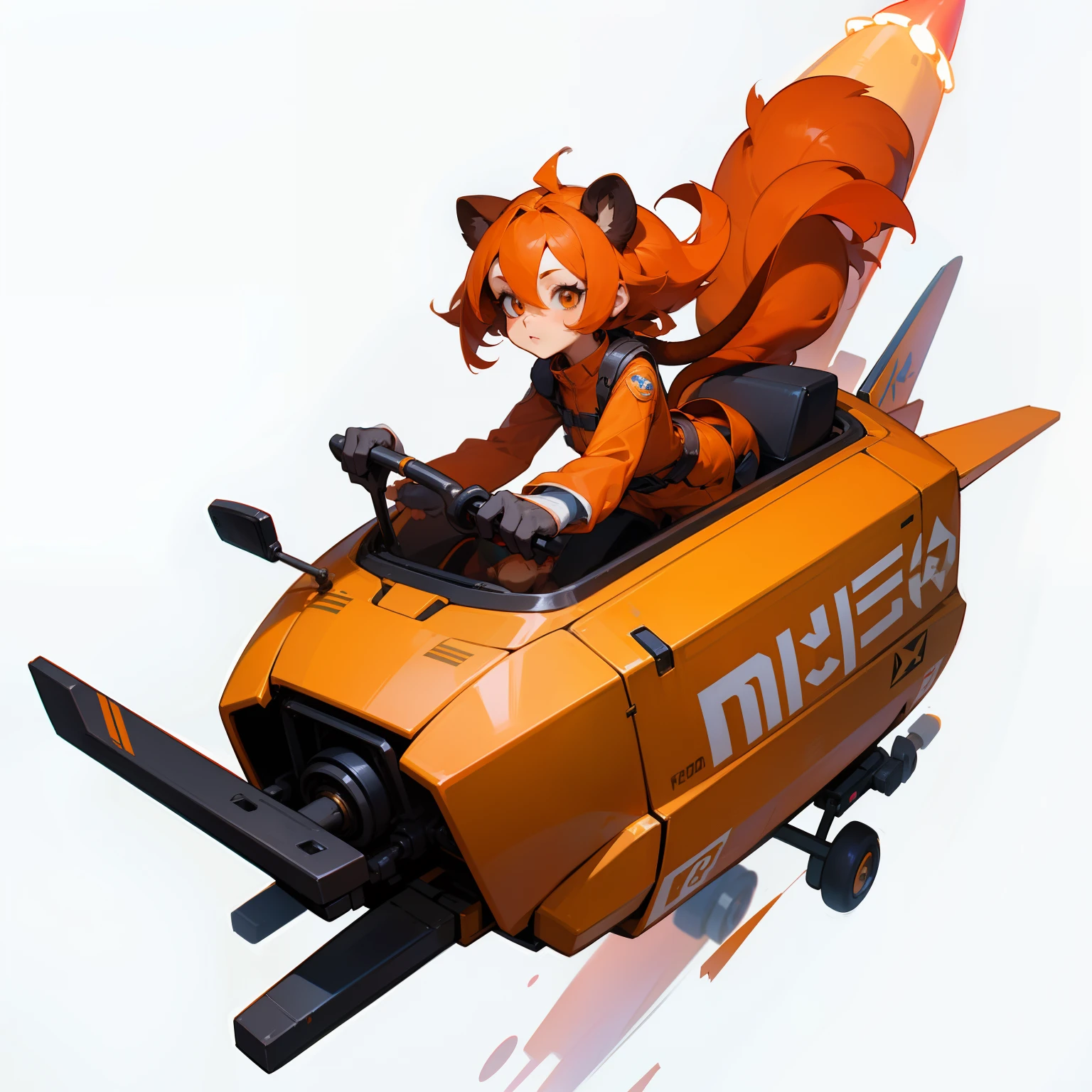 Monkey anthropomorphic female character、Full-body image、without background、Plain background、Game Character、fullbody image、Hair is orange、Female tail is a monkey's tail、Ride a rocket、Engineers
