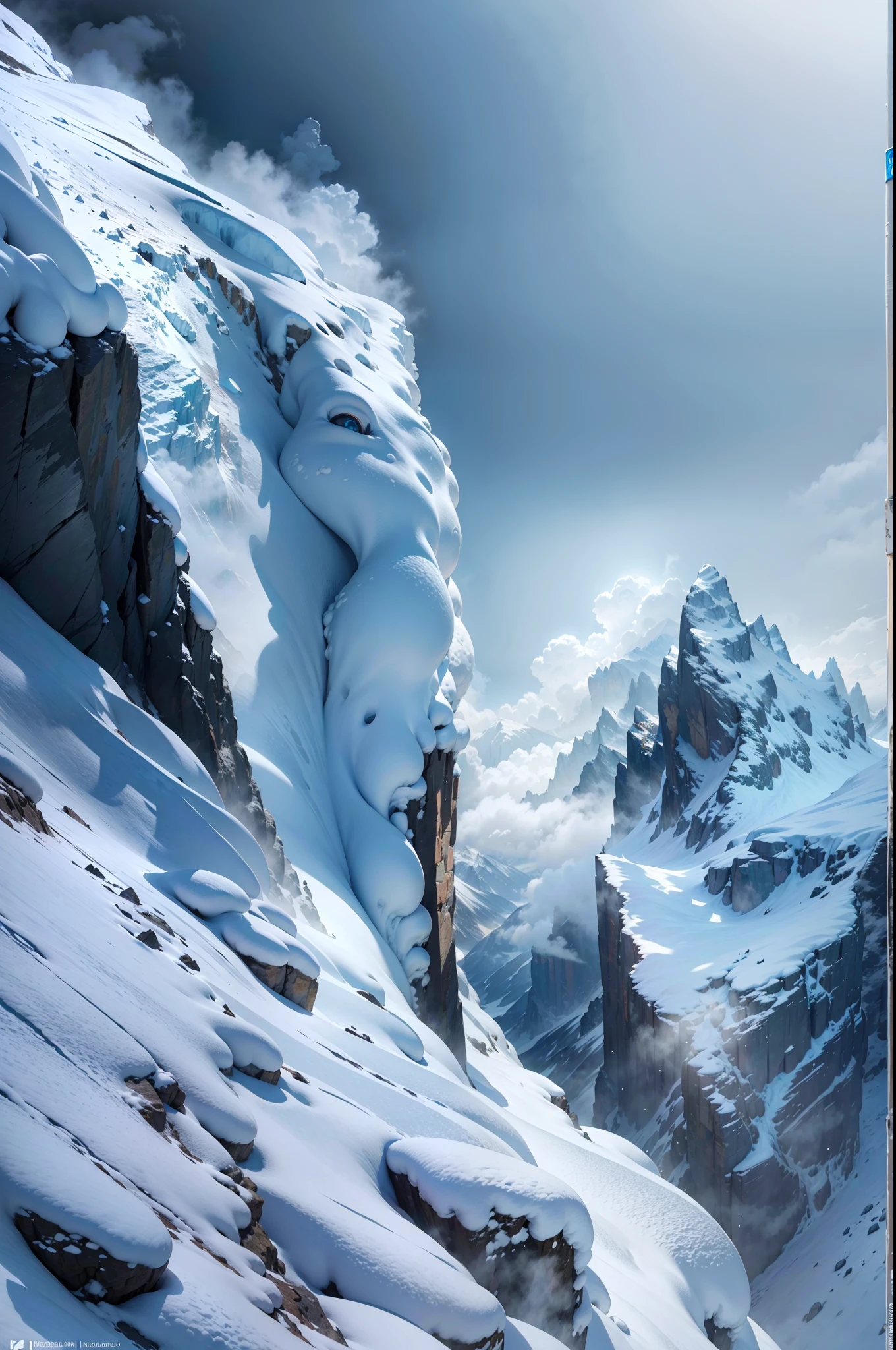 (best quality,highres,masterpiece:1.2),dangerous atmosphere, dangerous weather, dangerous snow mountain, snow-coveredmountain peak, perilous cliffs, treacherous icy slopes, snow avalanches, thundering storms, intense blizzard, ominous clouds, chilling winds, freezing temperatures, towering peaks, daring mountaineers conquering the summit, rugged terrain, majestic glaciers, breathtaking view, adrenaline rush, heart-pounding adventure, precarious footing, extreme challenge, endless expanse of white, untouched wilderness