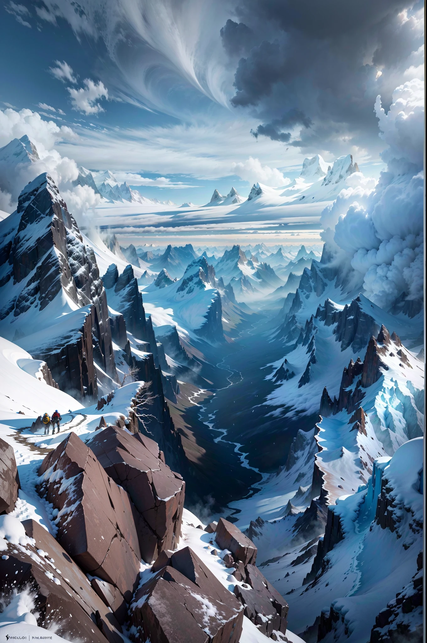 (best quality,highres,masterpiece:1.2),dangerous atmosphere, dangerous weather, dangerous snow mountain, snow-coveredmountain peak, perilous cliffs, treacherous icy slopes, snow avalanches, thundering storms, intense blizzard, ominous clouds, chilling winds, freezing temperatures, towering peaks, daring mountaineers conquering the summit, rugged terrain, majestic glaciers, breathtaking view, adrenaline rush, heart-pounding adventure, precarious footing, extreme challenge, endless expanse of white, untouched wilderness