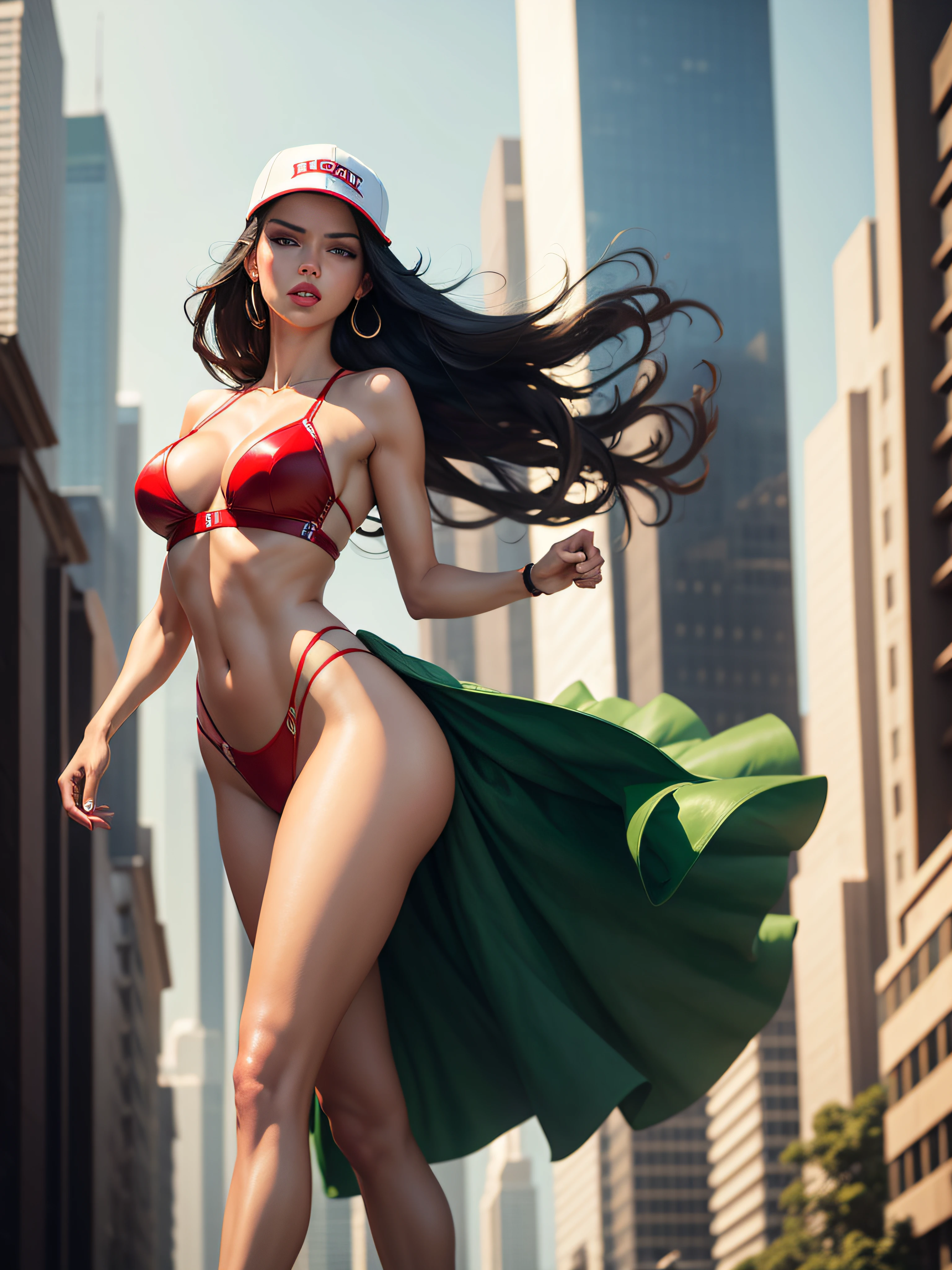 masterpiece, best quality, 1 woman (Adriana Lima :1.1)  red lips, green eyes , skyscraper, floating hair, windy, street, feet out of frame, backwards hat,