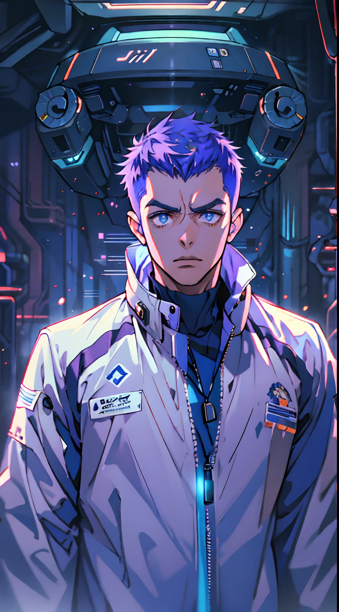 A man with a crew cut, a calm and rational expression, a wise gaze, wears a futuristic scientist's coat, primarily in shades of white, accented by touches of blue and purple, matching utility pants, standing in a mysterious laboratory of an ancient and advanced civilization, with a high-tech incubation tank emitting a faint glow in the background, this character embodies a finely crafted a futuristic sci-fi scientist in anime style, characterized by an exquisite and mature manga illustration art style, high definition, best quality, highres, ultra-detailed, ultra-fine painting, extremely delicate, professional, anatomically correct, symmetrical face, extremely detailed eyes and face, high quality eyes, creativity, RAW photo, UHD, 8k, Natural light, cinematic lighting, masterpiece:1.5