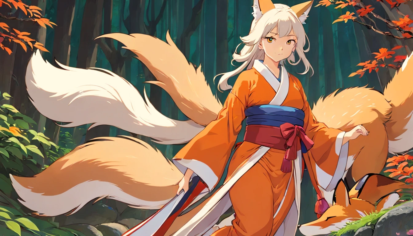 Ahri de League of Legends, foto do corpo todo, perfect hands, cabelos pretos e longos, nine white fox tails on the tailbone, orelhas de raposa pretas, roupa de samurai vermelha, papel de parede, fundo em Iona, rosto sexy oriental, CABELOS PRETOS ESCUROS