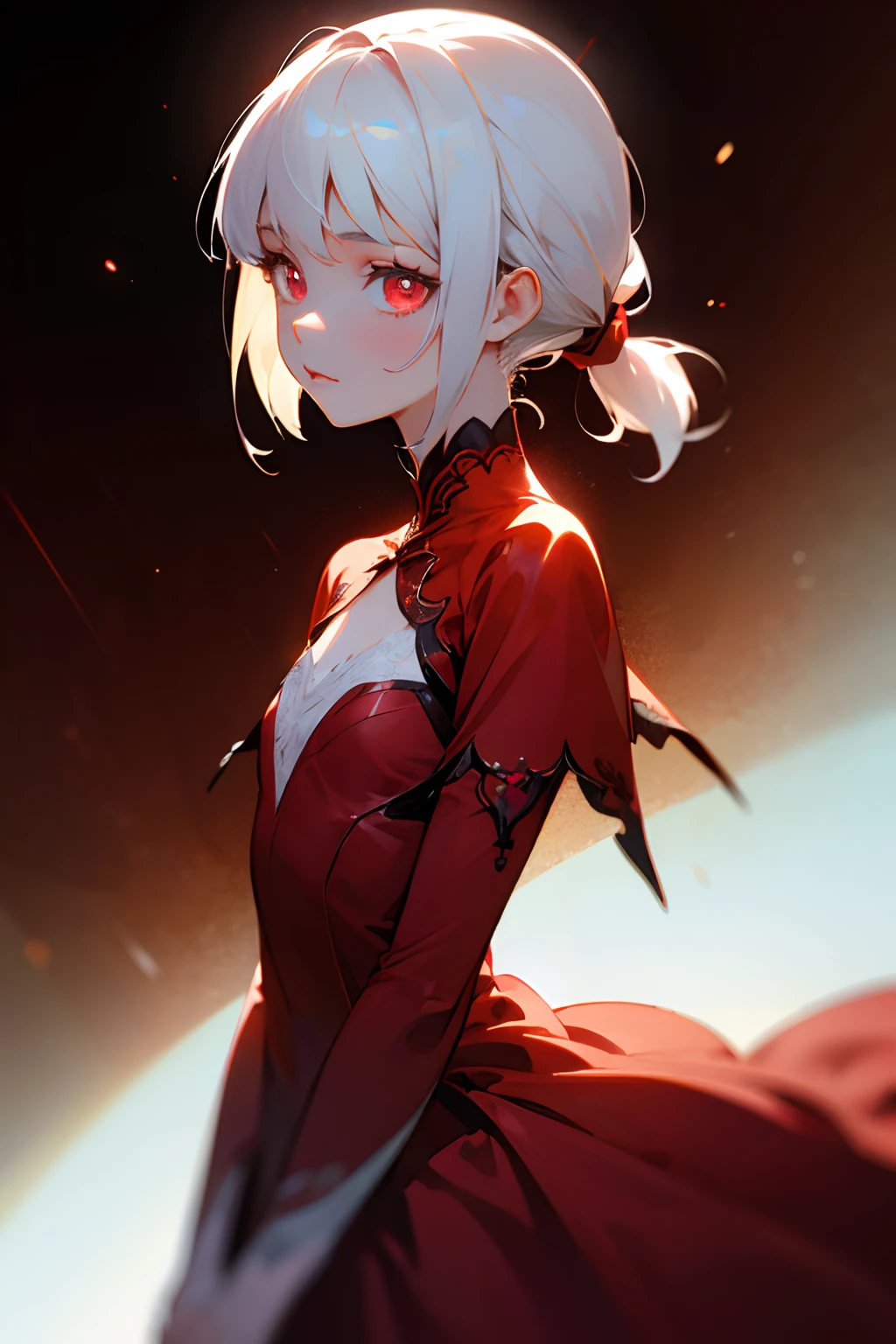 beautiful woman, white hair, long straight hair, ((crew cut: 1)), red eyes, fair skin, ((muscular: 1)), female, 28 years old, Wearing a black dress with fairy-colored silk braca, leather shawl, semi-transparent cubus of green color floating, space powers, goddess.