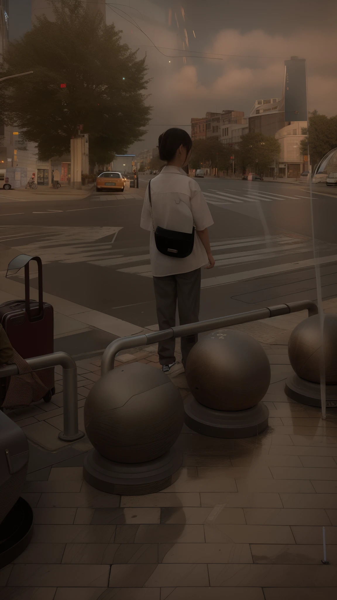 there is a woman standing on the sidewalk with a suitcase, standing on street corner, standing in street, street view, street corner, street - level, standing in a city center, standing in the street, at a city street, standing on the street, by Weiwei, street level, street photo, standing in a city street, street pic, on a street