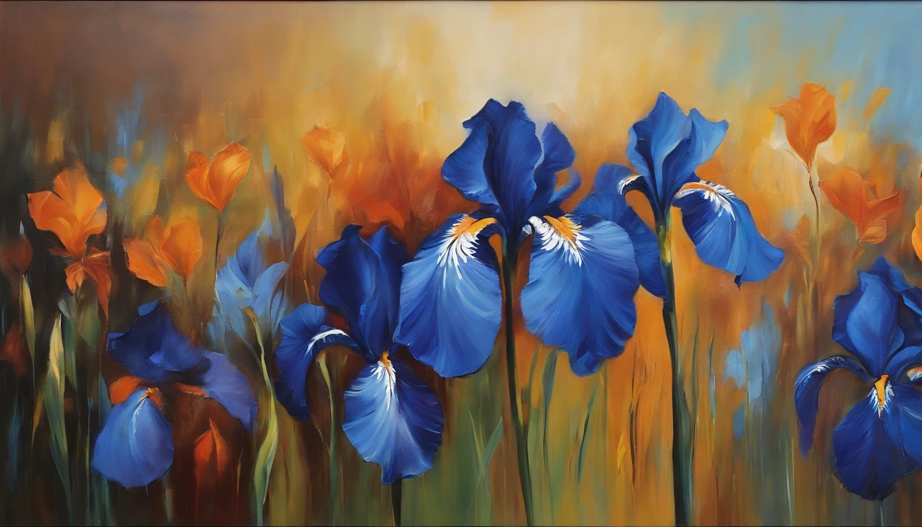 pintura impresionista abstracta, estilo iris scoth, colores azules predominan, Warm colors in less quantity, pintado con el dedo