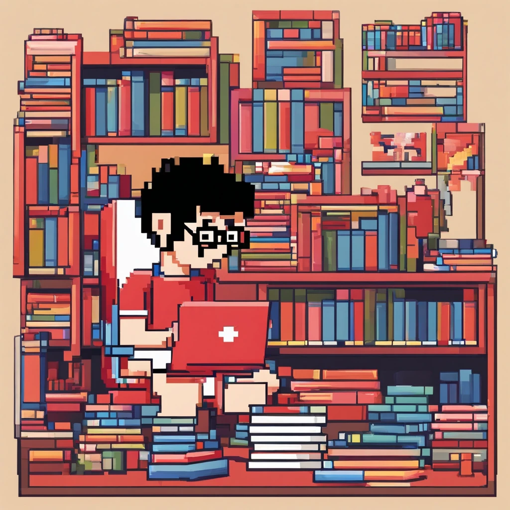 Cute kids working in front of computer,wears glasses, Red, Blue, Pink, Sit in your room,One guy,Lots of books and bookshelves in the room,Side view clearly shows the side face
