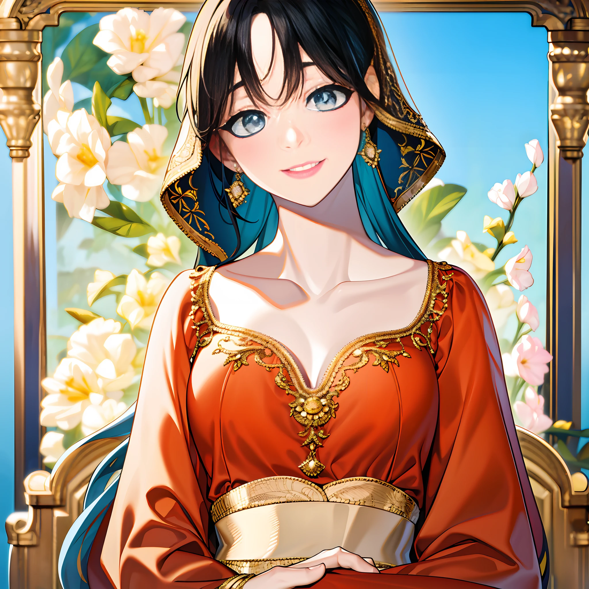 (Best quality,4K,8K,A high resolution,Masterpiece:1.2),Ultra-detailed,Confident sexy girl,Detailed eyes, Detailed lips,Hefty Smile,cabellos largos dorados,Stylish and elegant posture,Vibrant colors,expressive facial expressions,fashionable attire,Garden view,Soft natural lighting,Photorealistic,impeccable makeup,Glowing skin,Delicate gaze,Artistic oil painting,Elegant body language,enchanting atmosphere,anatomy correct