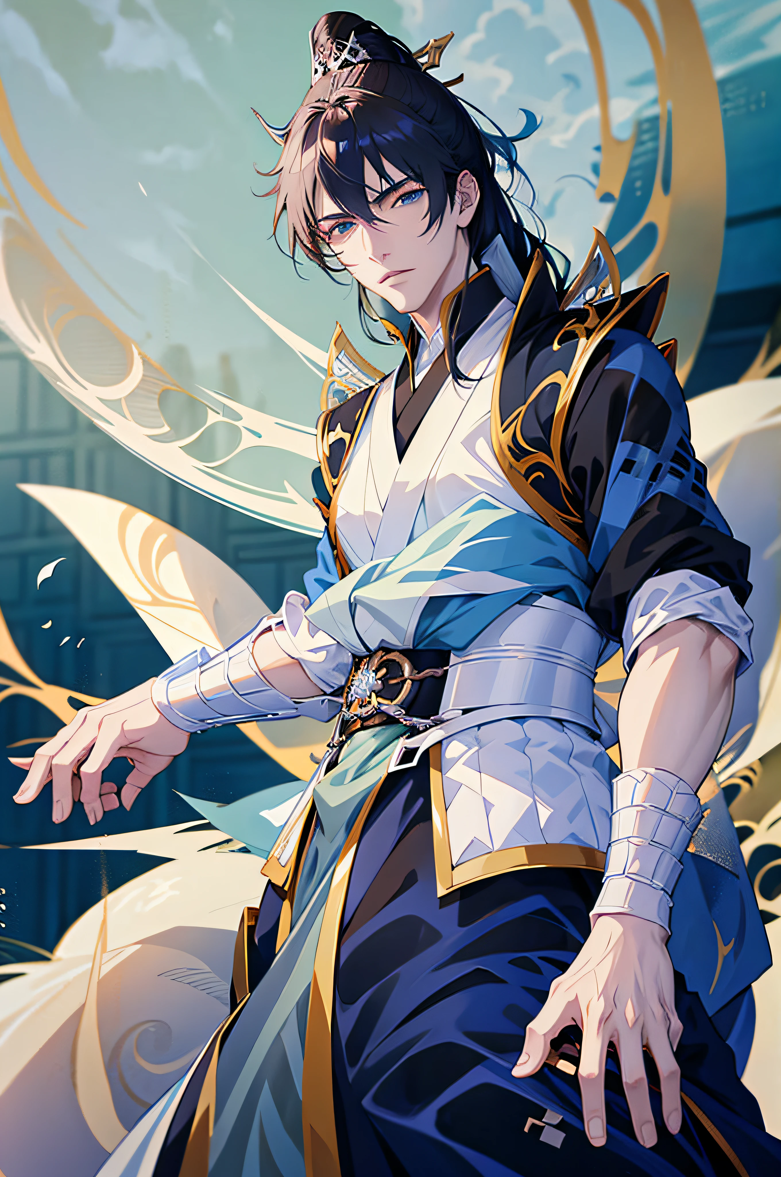 Anime - style image of a man with black hair and white and blue outfit, Keqing von Genshin Impact, Handsome guy in demon slayer art, Taisho Roman, handsome androgynous prince, Zhongli von Genshin Impact, white haired deity, anime gutaussehender mann, zarter androgyner Prinz, Masamune Shiro, heise jinyao, Offizielle Kunst