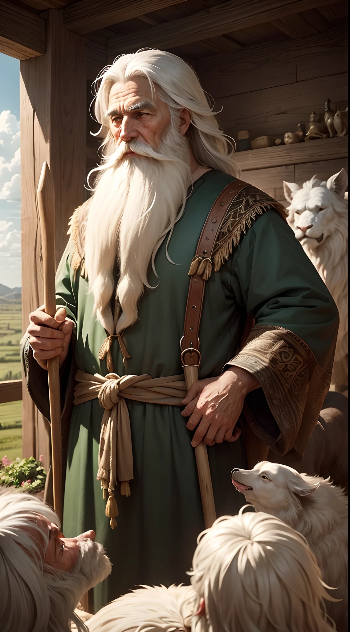 noah, an elder, personagem biblico, seeing the animals enter Noah's ark, He is standing from afar watching the animals enter the ark, The elder has a long beard and white hair, roupas do tempo biblico, Noah is holding a staff, bela paisagem, campo verde com arvores.