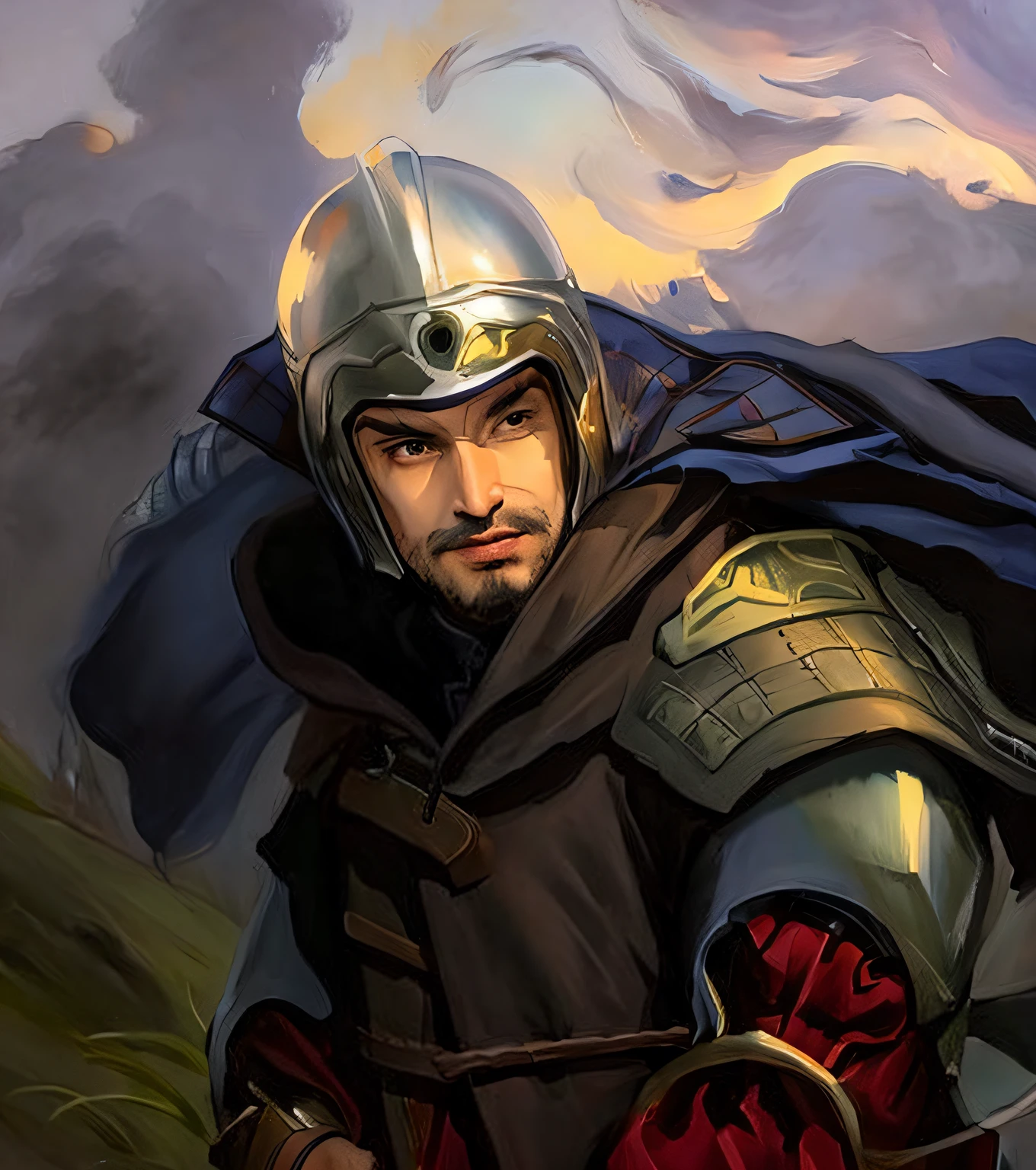 Man in cloak and helmet