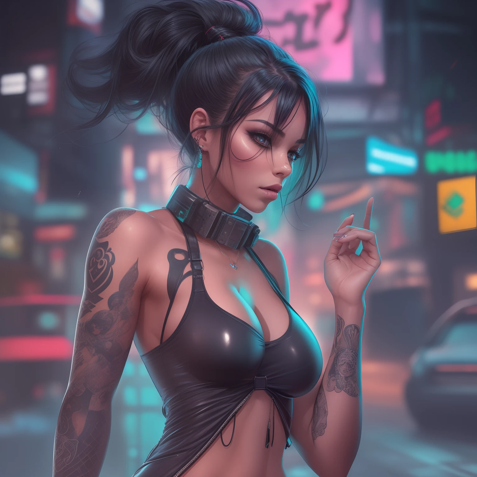 ((Cyberpunk art technique by Josan Gonzalez)), (Art inspired by the technique of Charles Lavesso) ,((Best masterpiece in the world)), art rich in colors, ((Realism)), (Arab woman), (extremely beautiful girl: 1.2), mature, sexy woman, (very big breasts:1.7), (full body), (semi-naked girl), sexy pose, (Crisp face), (one eye is bionic), (ponytail hair with variations), shaved and braided hair on the side, black hair, , random hair lock color, perfect body, strawberry mouth with shine, mouth little open, eyes symmetrical, seductive look, beautiful eyes ultra detailed and with brightness), makeup, perfect hands with 4 fingers and a thumb, full buttocks and rounded medium and laterally, tendency ass of the Brazilian, protruding areolas, (pubic hair barely visible), piercing in the navel, tattoos on the body, tattoo style Irezumi, thin waist, tanned skin, shiny skin, metehumam skin, hyper detailed skin with visible pores, small discolored body hairs, bionic, legging, (transparent crystal plastic top: 1.2), (transparent plastic bag), (transparent crystal plastic fabric), wet with sweat, (see through fabric), Cyber Punk style jacket, high heel shoes, ((Metropolises night city of Cyber Punk night background extremely detailed: 1.4)), cyber punk walking npcs, parked sport bikes, (billboards: 1.2), glass cover, disco, alley, beach, landscape, neon, wet floor, glow efect, (8k resolution: 1.2), (Canon EOS R6), Artstation trend, Lumen[, sharp, Unreal 5, photorealistic art, Ray Tracing, (High Dynamic Range 10 plus), surrealism, shadow, stereogram, Lens Flare light, (hyper realistic light and shadow: 1.2), devil