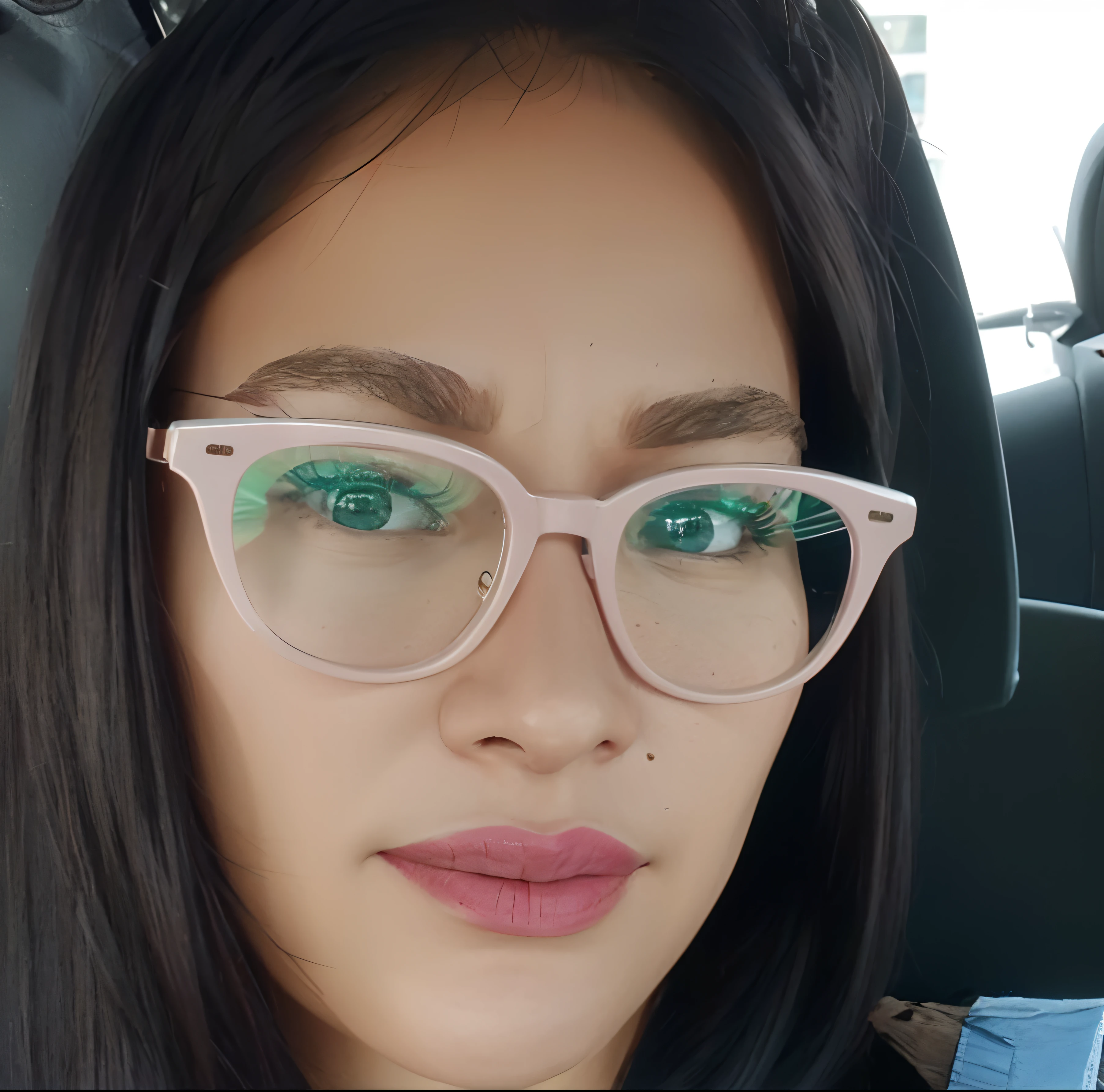 There is a woman with glasses and a pink lip is sitting in a car, con gafas, 2 8 years old, 2 9 years old, con gafas puestas, 2 7 years old, gafas rosas, Anteojos, 3 2 years old, !!usar gafas modernas!!, 3 0 years old woman, 30-year-old woman, 38 years old, Chica con gafas