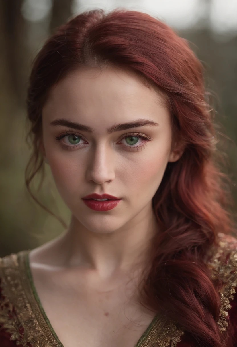 (((a deep reddish wound crosses her left cheek))) fair complexion, Miley Cyrus, natural hair, distinctive green eyes, wearing kohl, slender and graceful, beautiful, candlelight in a medieval setting, ultra sharp focus, realistic shot, medieval female clothes, tetradic colors (scar:1.4)