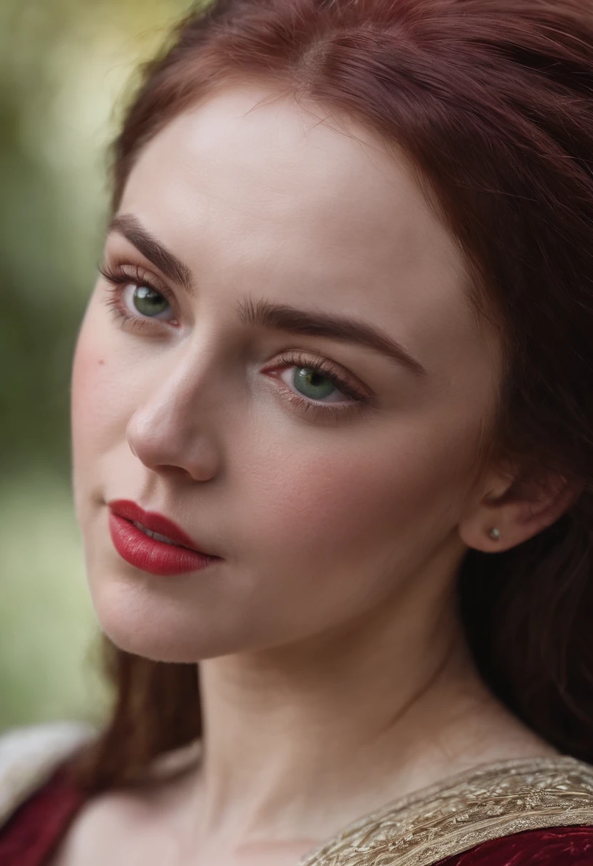 (((a deep reddish wound crosses her left cheek))) fair complexion, Miley Cyrus, natural hair, distinctive green eyes, wearing kohl, slender and graceful, beautiful, candlelight in a medieval setting, ultra sharp focus, realistic shot, medieval female clothes, tetradic colors (scar:1.4)