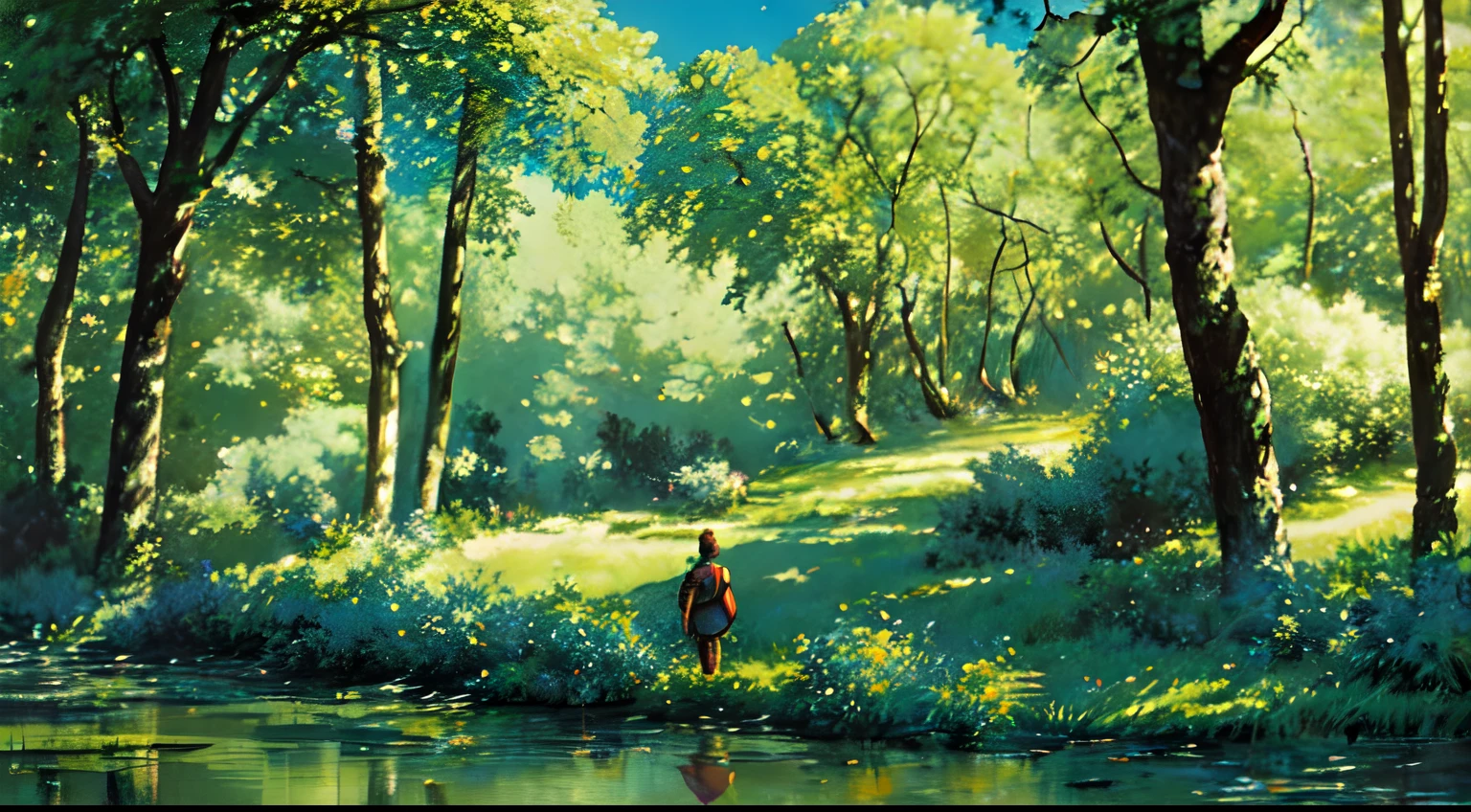 (Award Winning Digital Artwork:1.3) of (Ultra detailed:1.3) exploring a beautiful forest, straps, gorgeous, CGSociety, ArtStation, forest, fantasy, amazing background, beautiful forest, beautiful, flowers, grass, blue skies, lovely skies, big clouds, masterpiece, perfection, wallpaper, 8k, adventurer, on an adventure, landscape, moss, outdoors, overgrown, path, river, road, rock, scenery, sky, trees, (((link, hero, male elf, tloz, the legend of Zelda)))