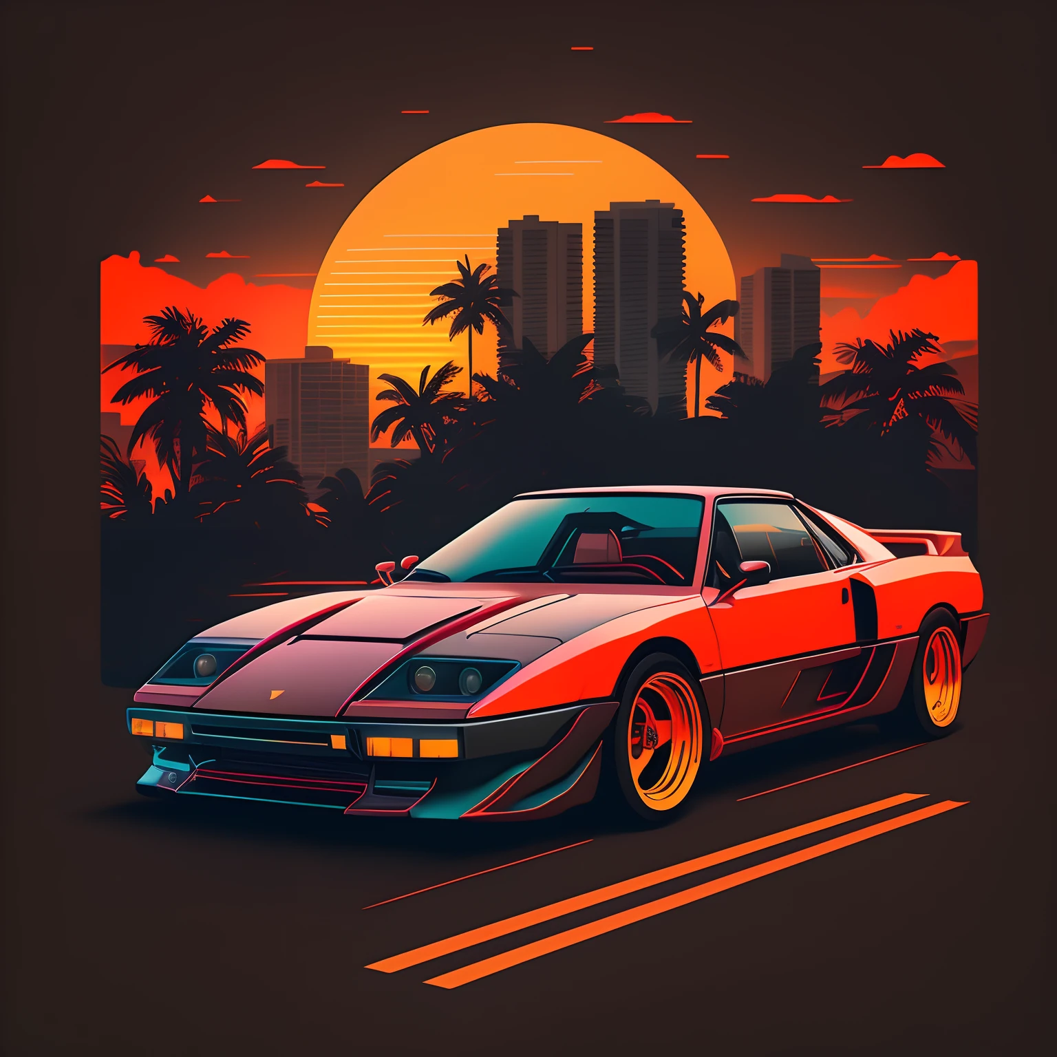 arafed image of a car driving on a road with a sunset in the background, outrun art style, art deco outrun anime aesthestic, 80s outrun, outrun style and colours, outrun style, 80s red sports car, outrun, outrun color palette, miami synthwave, masterpiece epic retrowave art, synthwave sunset