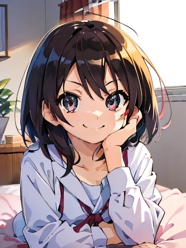 ((masutepiece)), ((Best Quality)), (Ultra-detailed), Anime style, on the bed, Cut s, 1girl in, Solo, ((Beautiful eyes)), Smile