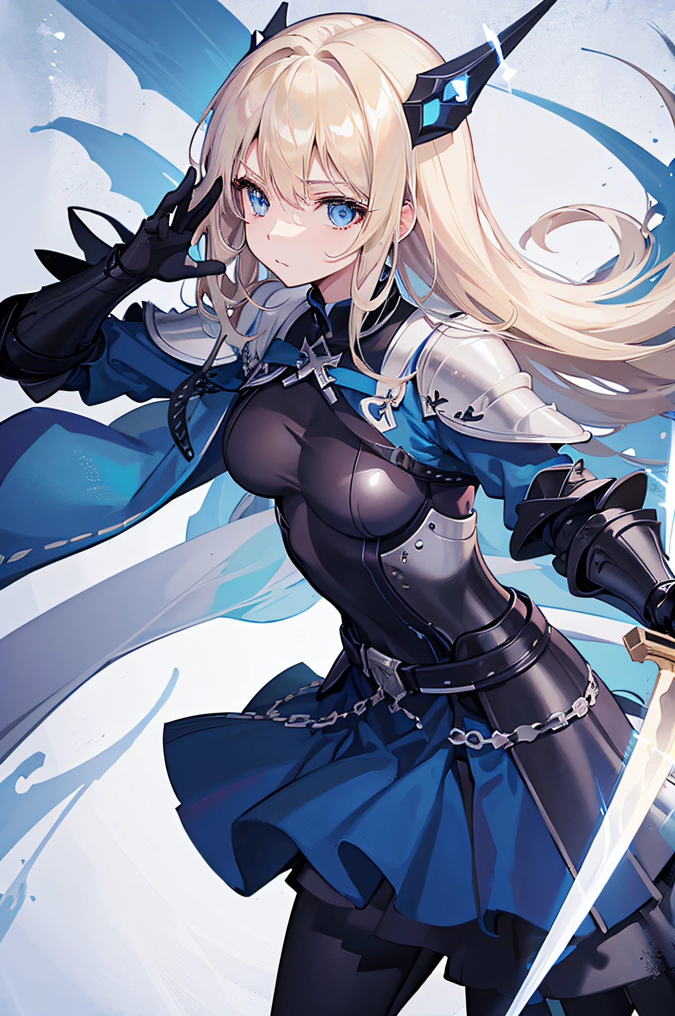 4K,hight resolution,One Woman,a blond,Light blue eyes,swordsmen,Dark blue dress,Dark blue heavy armor,The sword