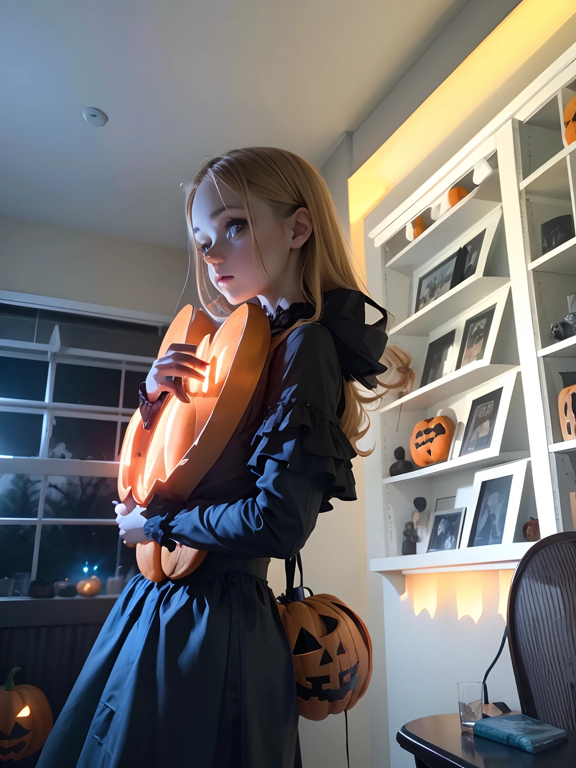 Halloween themed, orange lighting bouncing off subject, Halloween decorations.
