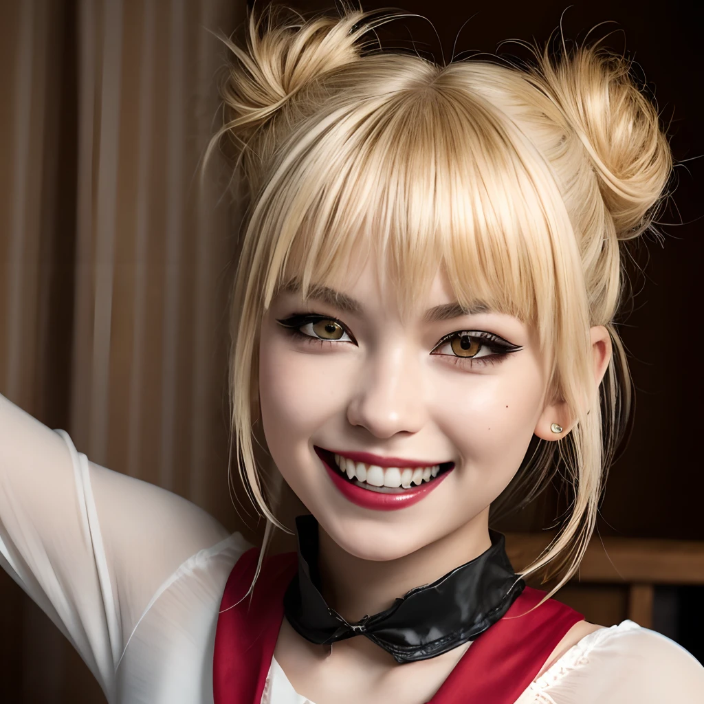 (full body shot, full body:1.2), himiko toga, (blonde hair:1.2),asian, caucasian, blunt bangs, bleached hair, double bun, eyebrows hidden by hair, eyeliner, hair bun, makeup, messy hair, (yellow eyes), fangs, narrow eyes,  creepy smile, realistic, detailed face, girl,  high detailed skin,skin pores, 8k uhd,dslr,soft lighting,high quality,film grain,Fujifilm XT3, (pleated skirt:1.0), eye liner, vampire fangs, (head tilt:1.2), 1girl, (evil smile, creepy stare:1.3), constricted pupils, small pupils, (yellow caridan), long sleeves, (bright red neckerchief:1.2), socks, (fangs:1)