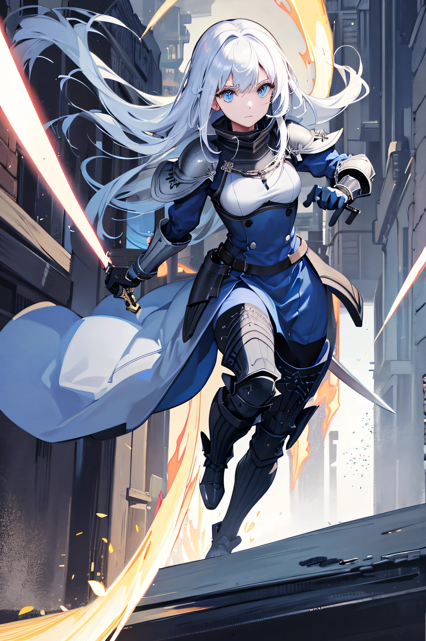 4K,hight resolution,One Woman,a blond,Light blue eyes,swordsmen,Navy blue military dress,Dark blue heavy armor,long gloves of black color,Longsword