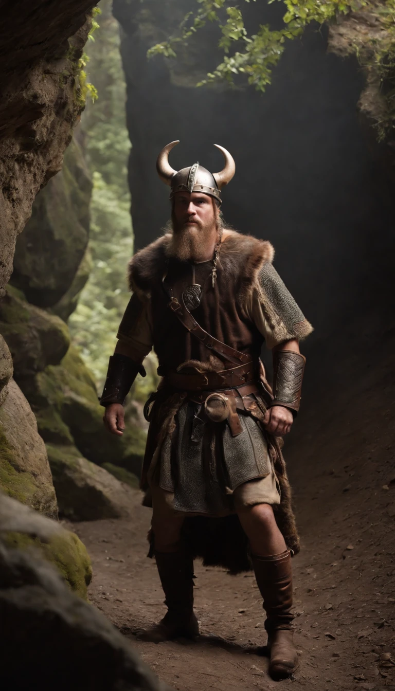 Um guerreiro viking de corpo inteiro andando de costas (foto de traz) Sizinho in a dark cave with light coming from behind, O 35mm, fotografia, ultra detalhes, detalhes de textura precisos HDR, UHD,64 mil