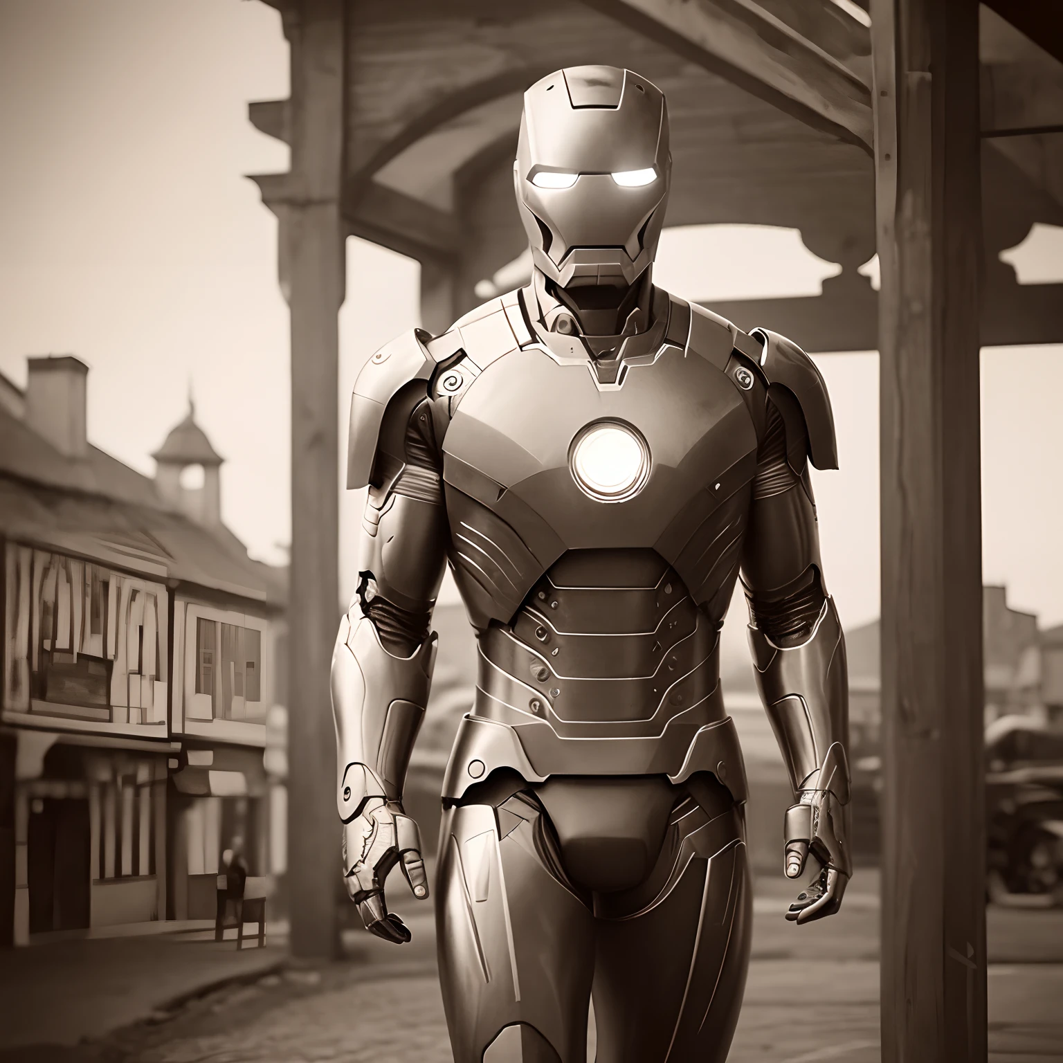 (best quality,4k,8k,highres,masterpiece:1.2), (classical), (historical), (Sepia tone), (noise), ultra-detailed, realistic:1.37, full body shot, Iron Man In the middle of town in 1924, old-fashioned, ancient atmosphere, vintage color tone, soft lighting, grainy texture, black and white, sepia effect, antique film style