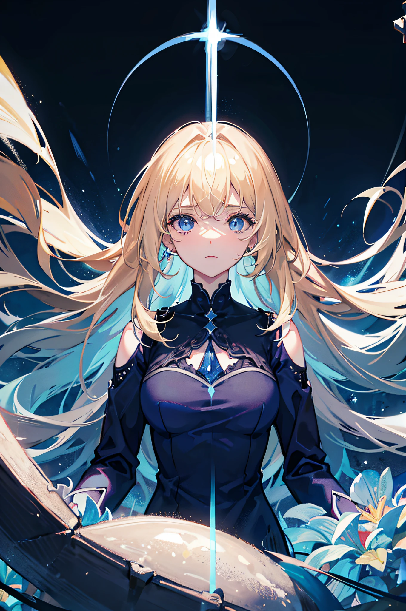 4K,hight resolution,One Woman,a blond,Light blue eyes,Dark blue dress,Dark blue pants,The sword