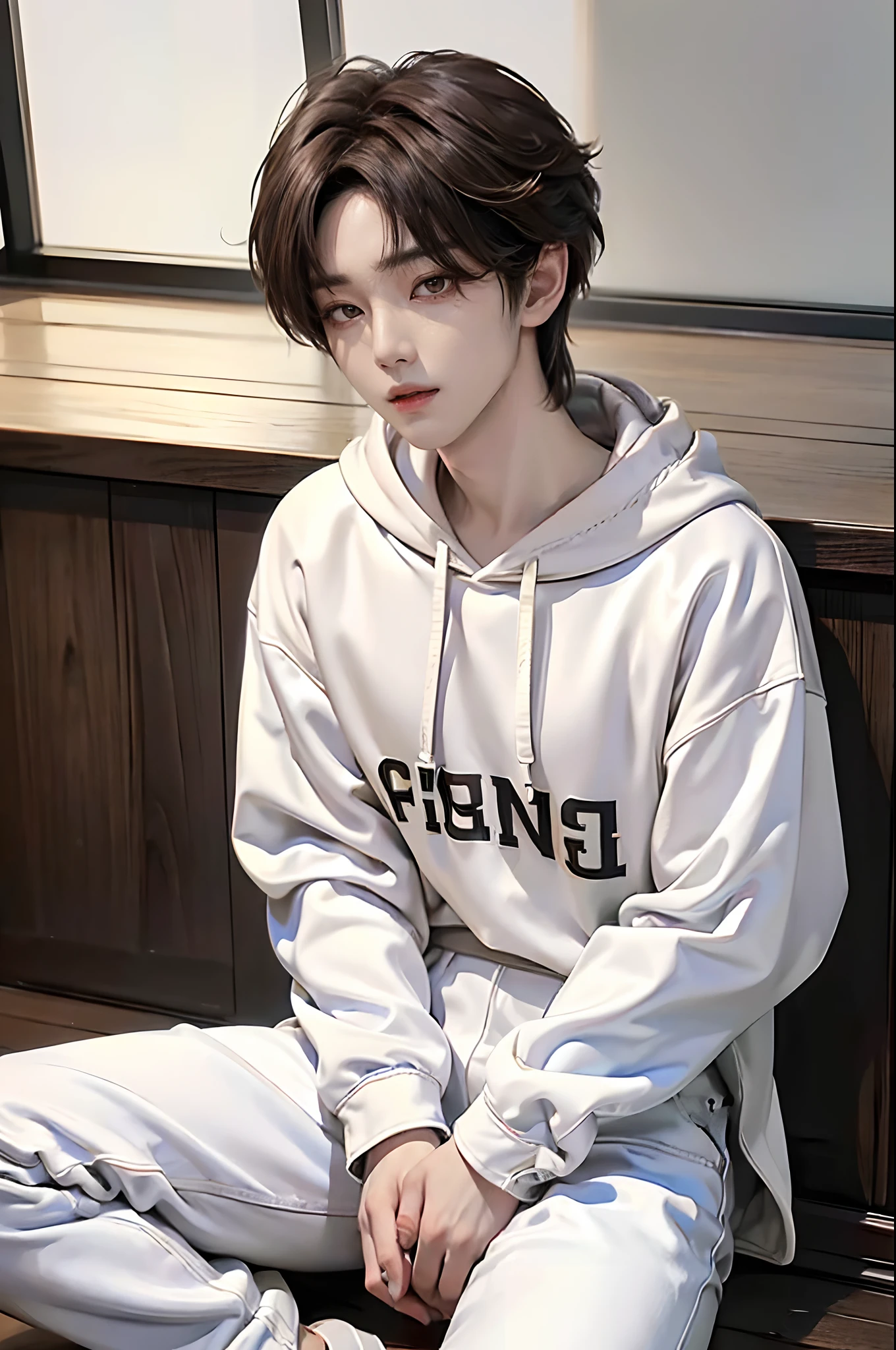 ((4K works))、masterpiece、(top-quality)、((high-level image quality))、Happiness、((One Manly Boy))、K-pop idol photos、Slim body、((Stylish black hoodie and white pants))、((Carrying a black backpack))、(Detailed beautiful eyes)、With stunning city views in the background、On the way to work、Face similar to Chaewon in Ruseraphim、((short hair above the ears))、((Smaller face))、((Neutral face))、((Light brown eyes))、((Korean boy))、((18year old))、((Handsome man))、((Gentle smile))、((Korean Makeup))、((elongated and sharp eyes))、((Zoom up to face))、((Face enhancement))、((Focus zoom in))、((Walk in front of the viewer))、((Photos of only one person))、Professional Photos