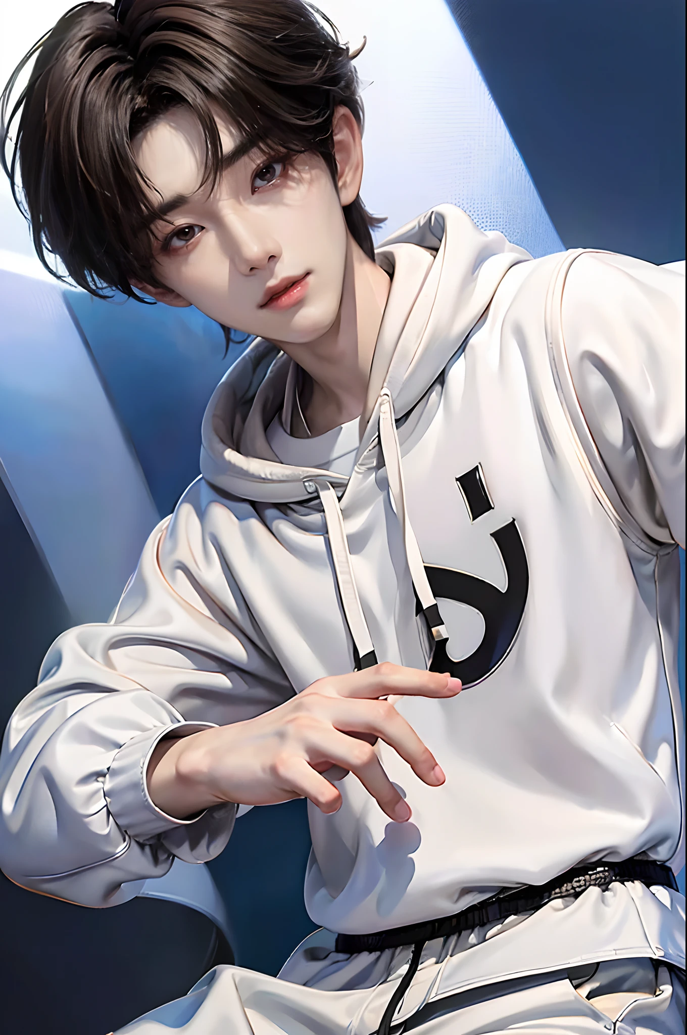 ((4K works))、​masterpiece、（top-quality)、((high-level image quality))、Happiness、((One Manly Boy))、K-pop idol photos、Slim body、((Stylish black hoodie and white pants))、(Detailed beautiful eyes)、Stylish city view on background、Face similar to Chaewon in Ruseraphim、((short hair above the ears))、((Smaller face))、((Neutral face))、((Light brown eyes))、((Korean boy))、((18year old))、((Handsome man))、((Gentle smile))、((Korean Makeup))、((elongated and sharp eyes))、((Zoom up to face))、((Face enhancement))、((Focus zoom in))、((MV shooting))、((Photos of only one person))、Professional Photos