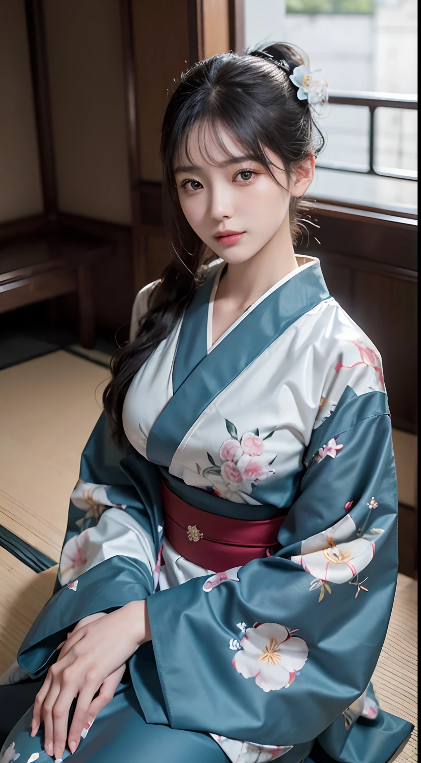 (Photorealsitic:1.4), (Top image quality:1.0), (超A high resolution:1.0), 8K, Raw photography, (​masterpiece:0.2), (pureerosface_v1:0.5)、(Best Quality Detail:1.2)、realisitic、8K UHD、hight resolution、(1girl in:1.2)、The ultra-detailliert、High quality textures、intricate detailes、detaileds、Very detailed CG、High quality shadows、Detail Beautiful delicate face、Detail Beautiful delicate eyes、depth of fields、Ray traching,1girl in, japanaese girl, Cute, slender, Black kimono, Kimono with Japanese pattern,Floral scrunchie, Beautiful skin, Facing the front,Sit down, Sit upright and say thank you,Align your hands elegantly,Smile faintly The Land of Japan,Japanese garden,Luxury Japanese-style room, skyporn, Magic Hour, (Realistic:1.3), Finely detailed, quality, (masutepiece:1.2), (Photorealistic:1.2), (Best Quality), (Intricate details), Dramatic, Ray tracing, photograph, +Lola