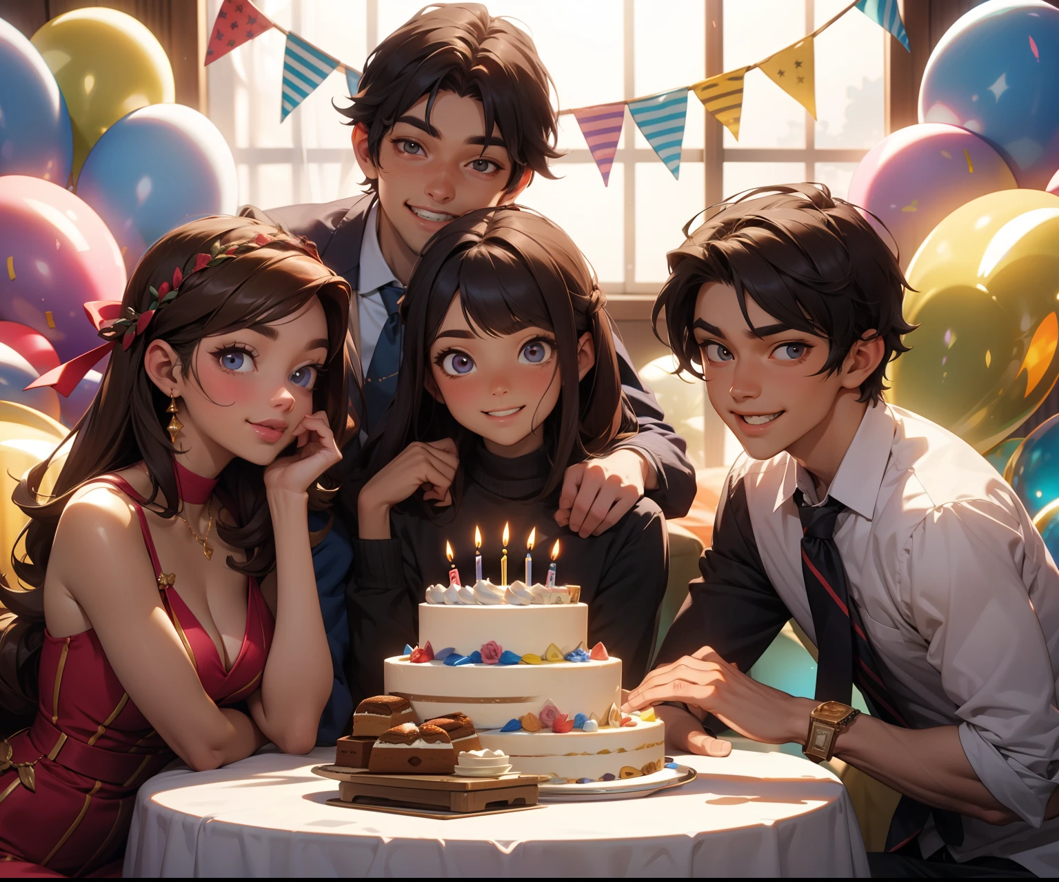 4 people in the birthday room with gifts and a cake, con rostros bien detallados y hermosos, con un rostros muy detallado y hermoso, ojos bien detallados y hermosos,