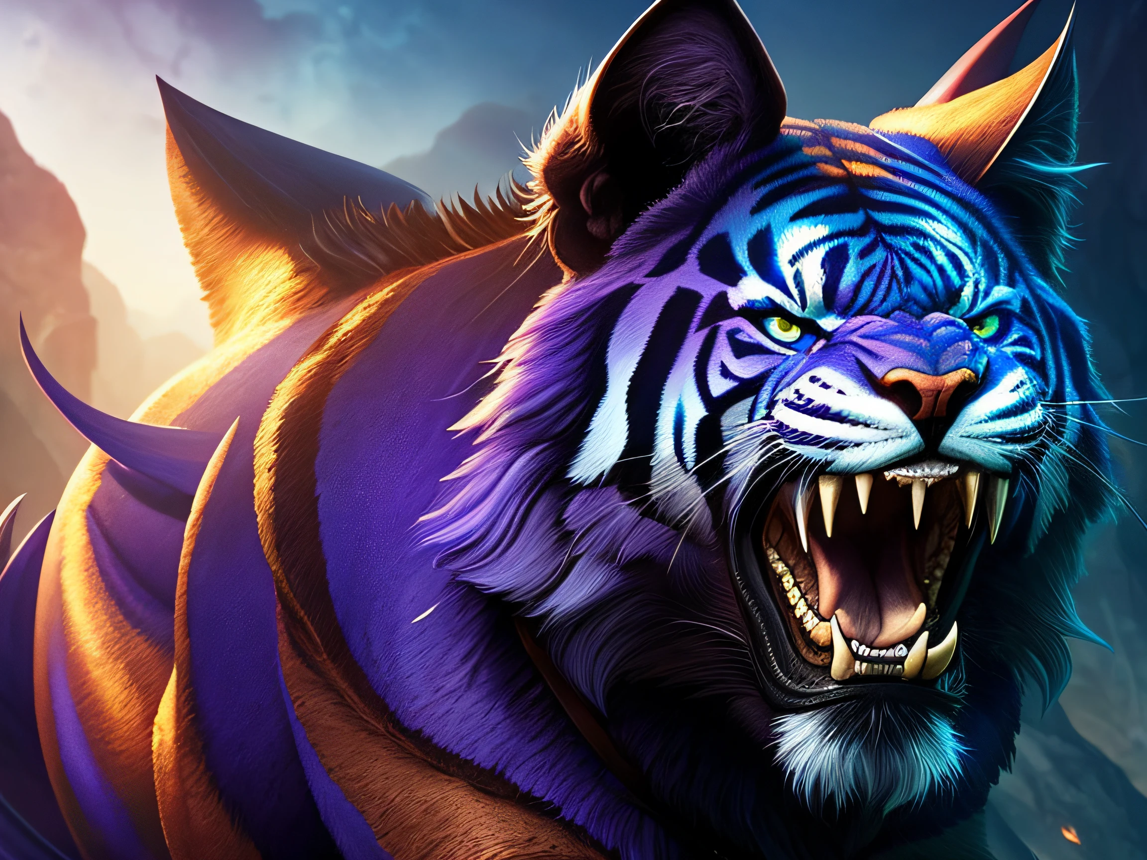 [Tigre Dentes de Sabre]; Arte digital, Estilo Fantasia, Boris Vallejo, ArtStation, Intrincado, Cores vibrantes de fantasia azul e roxo, magic lighting, Lentes grande angular, Perspectiva ampla e expansiva