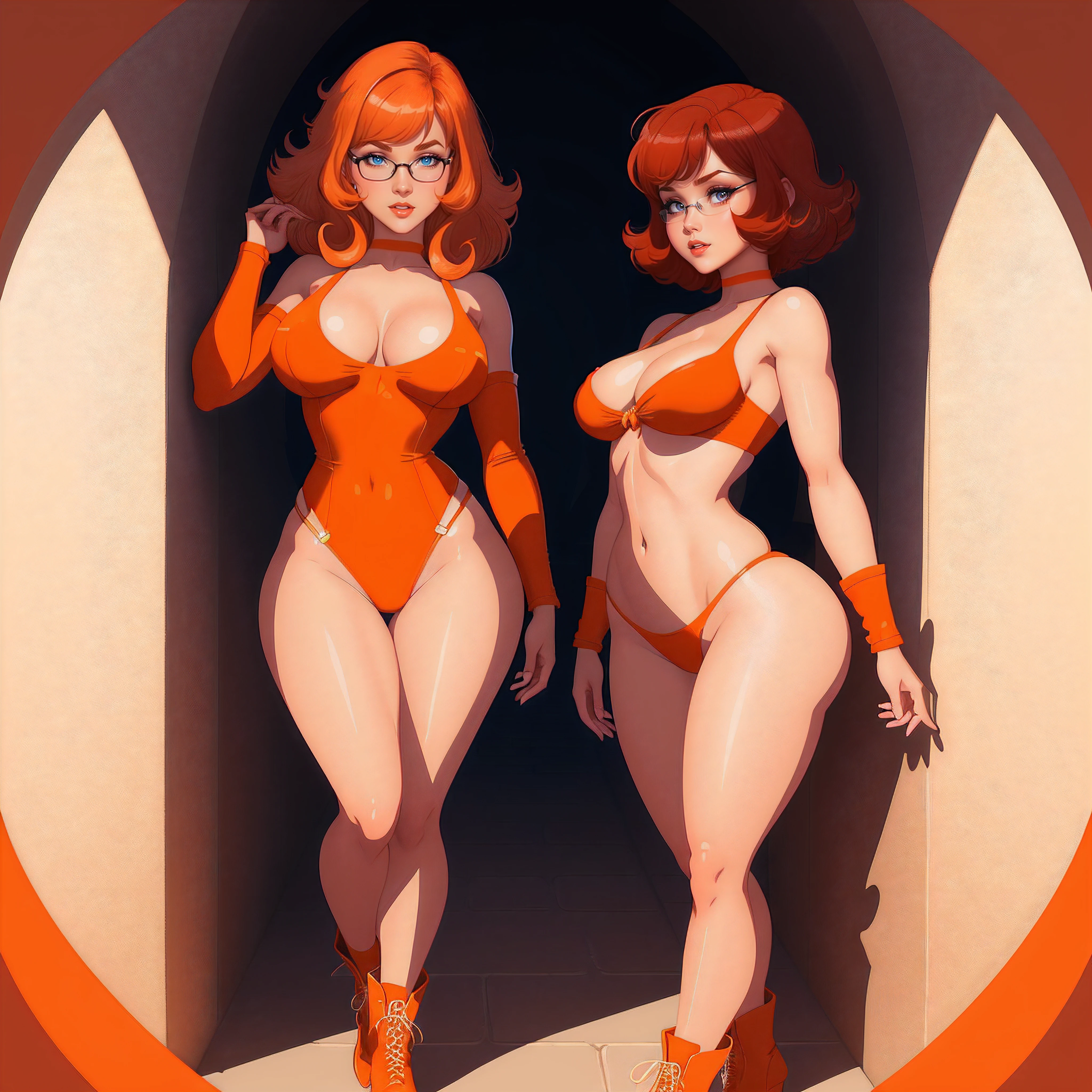 STICKER, A detailed illustration of a vivid Sexy Velma Dinkley from Scooby Doo naked, bare breasts, face view, ass view, side by side, orange thong, Solo Female, medium breasts, full cleavage, Full Body View, orange high heeled boots, soft nipples, hands behind her back, vintage t-shirt design, in the style of hand drawing, 3D vector art, fantasy art, watercolour effect, Adobe Illustrator, hand-drawn, digital painting, low-poly, soft lighting, isometric style, retro aesthetic, focused on the character, 8K, Best Quality, Masterpiece, Beautiful Eyes and Face Details