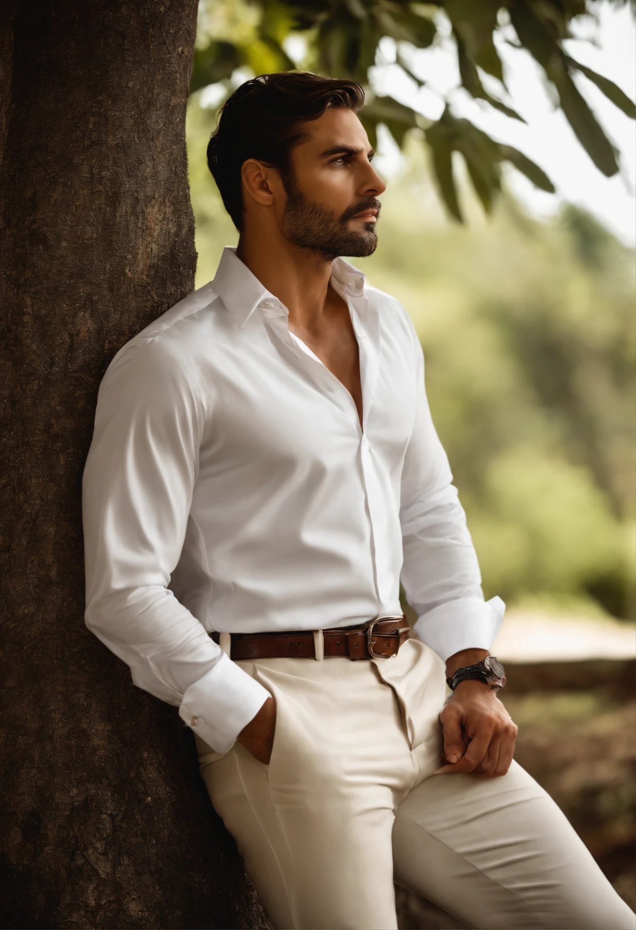 Arafed man leaning against a tree in white shirt, homem bonito, vestido com camisa branca, Macho bonito, bonito e atraente, masculino e bonito, bonito e elegante