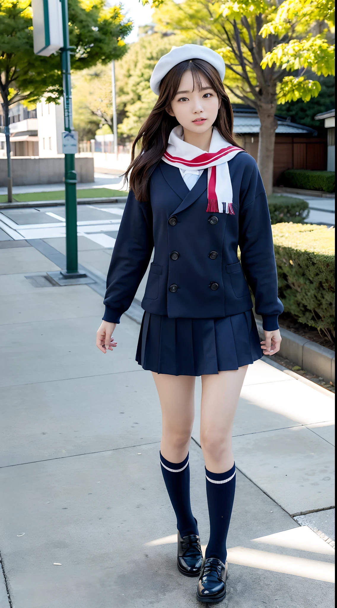 mix4, (16 K, Raw photography, Top image quality, masterpiece: 1.45), (realisitic, Photorealsitic: 1.37), one girls, 7.5, etc、Random hairstyle、Standing figure,Daytime、a very cute,Station platform,, profetional lighting, photon maping、physically-based renderingt, Gradient dark brown hair,Crisp backgrounds and high resolution, a handsome, Well-groomed and beautiful eyes、Large double eyelids、Very shiny、girl with, (((student clothes、Winter clothes、Sailor suit worn by Japan schoolgirl、Navy blue sailor color、scarf、a miniskirt, Small beret、high socks、lowfers、Frugal bag))), Top Quality Photos, hight resolution, 1080p, (clearface), (Detailed face description), (Detailed hand description), (masterpiece), (Exquisite CG)、extreme light and shadows、dishevled hair、master work、abundant detail、(Fine facial features)、(top quality photo)、(masuter piece)、(A detailed eye)、Look in front of you、Fine clavicle、((Slender big))、(((Japan schoolgirl in sailor suit)))、((Idle system))、((Station platform、wicket、railroad crossing))、(((neat and cute)))、耳Nipple Ring、A big smile、Drawing the whole body from the knees、Do not draw nasolabial folds、(((Long sleeve sailor suit)))、(Big breasts that hang down big:1.2)、Big buttocks with tension、Two arms and two legs、(((from the front side:0.3)))、bare hand、No mask、No skin exposure